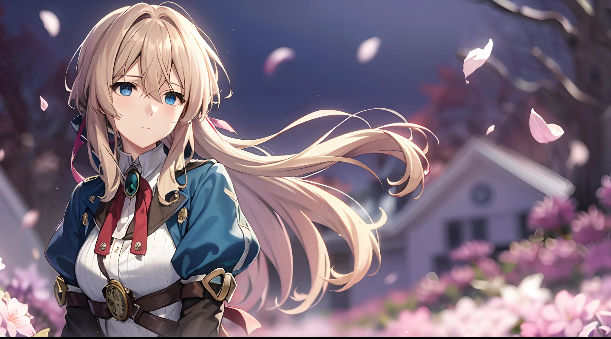 (Dynamic Angle:1.3),ventania,Movie highlights,Tyndall effect,1girll,Upper body,raised arm,view the viewer, , Extreme closeup,Violet_evergarden, Solo, jewelry, Expressionless,corsage, Blonde_Hair, Messy_Hair, Flowing hair length_Sleeves, ribbon, Blue_Eyes, Jacket, dress, Pedras preciosas, Hair_ribbon,sky, Depth_af_Field, Violet flower field, Flying purple petals,Motion blur, Masterpiece,