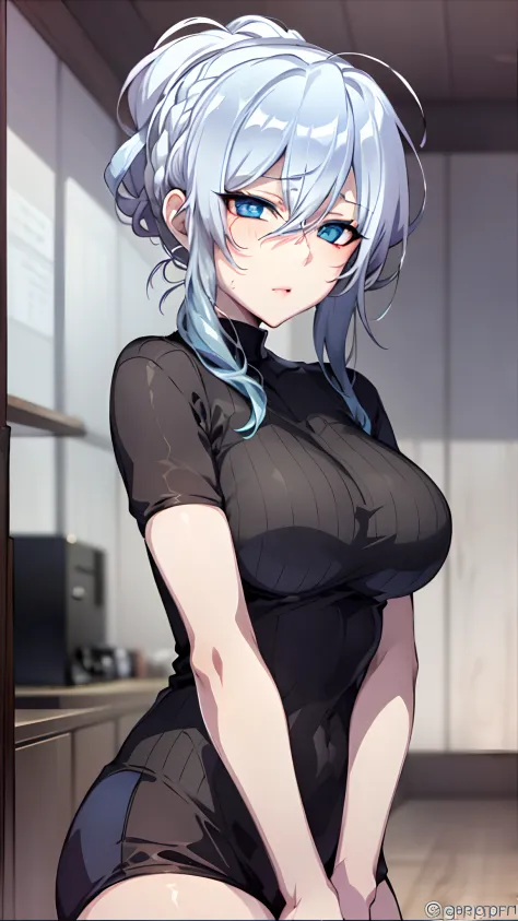 Yukino, in schoop, silver hair and  blue eyes, short hair, black shirt and no bra, anime visual of a cute girl, screenshot from ...