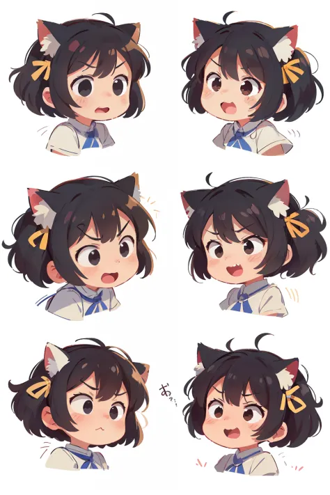 A super cute cat, a variety of rich expressions, happy, sad, angry, expectant, excited, excited, laughing, disappointed, melancholy, anxious, surprised, suspicious, cute eyes, white background, illustration nii 5 style cute, emoji, as an illustration set, ...