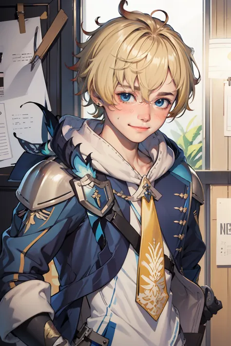 (masterpiece), (best quality), (ultra detailed),(disheveled hair),(illustration), (1boy), short blond hair, blue jacket, blushin...