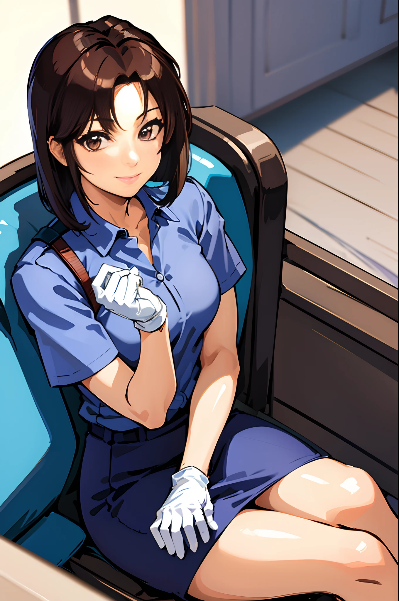 (masterpiece,best quality, detailed), 1girl, solo, sitting, from above, looking at viewer, smile, closed mouth, restaurant, indoors, crossed legs,
tsujimoto natsumi, police uniform, blue shirt, short sleeves, white gloves, pencil skirt,