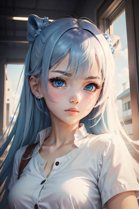 Anime girl with blue eyes and white shirt， beautiful anime art style，Anime style illustration,Anime style portrait,