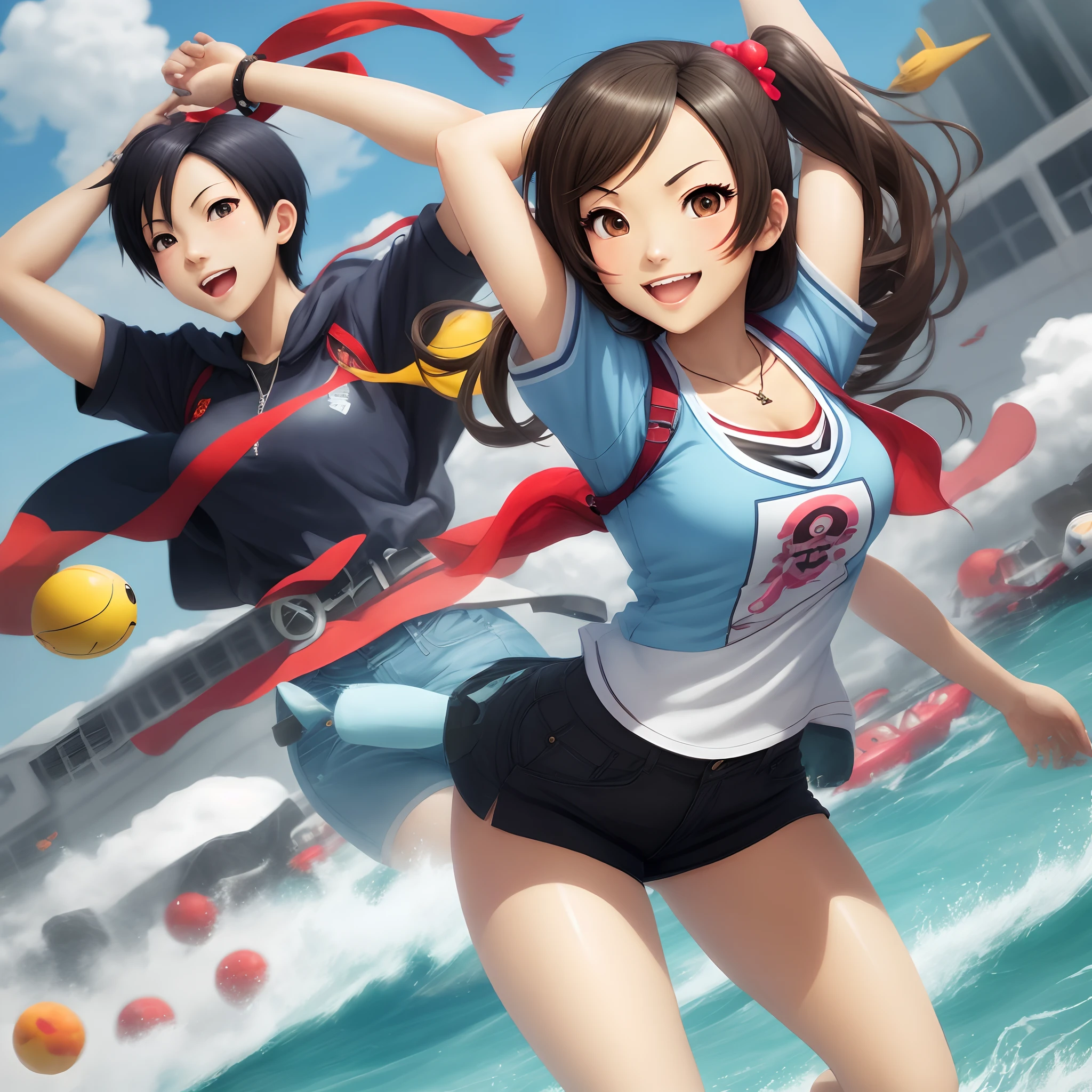 Chicas anime en bikini y pantalones cortos juegan con pelotas - SeaArt AI