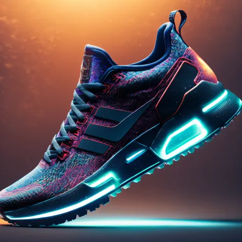 product photography of a cybepunk sneakers, epic render, octane, atmosphere, particles, soft volumetric lights, (backlit:1.3), (...