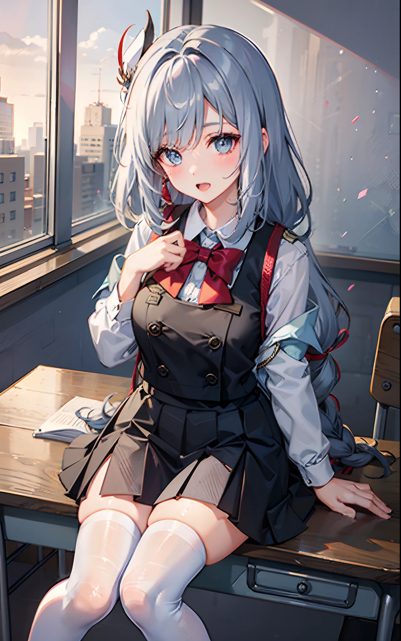 1girll，Smile，Open mouth，JK school uniform，Blushlush，‎Classroom，classroom desk，all  fours，white stockings，Be red in the face，long  white hair