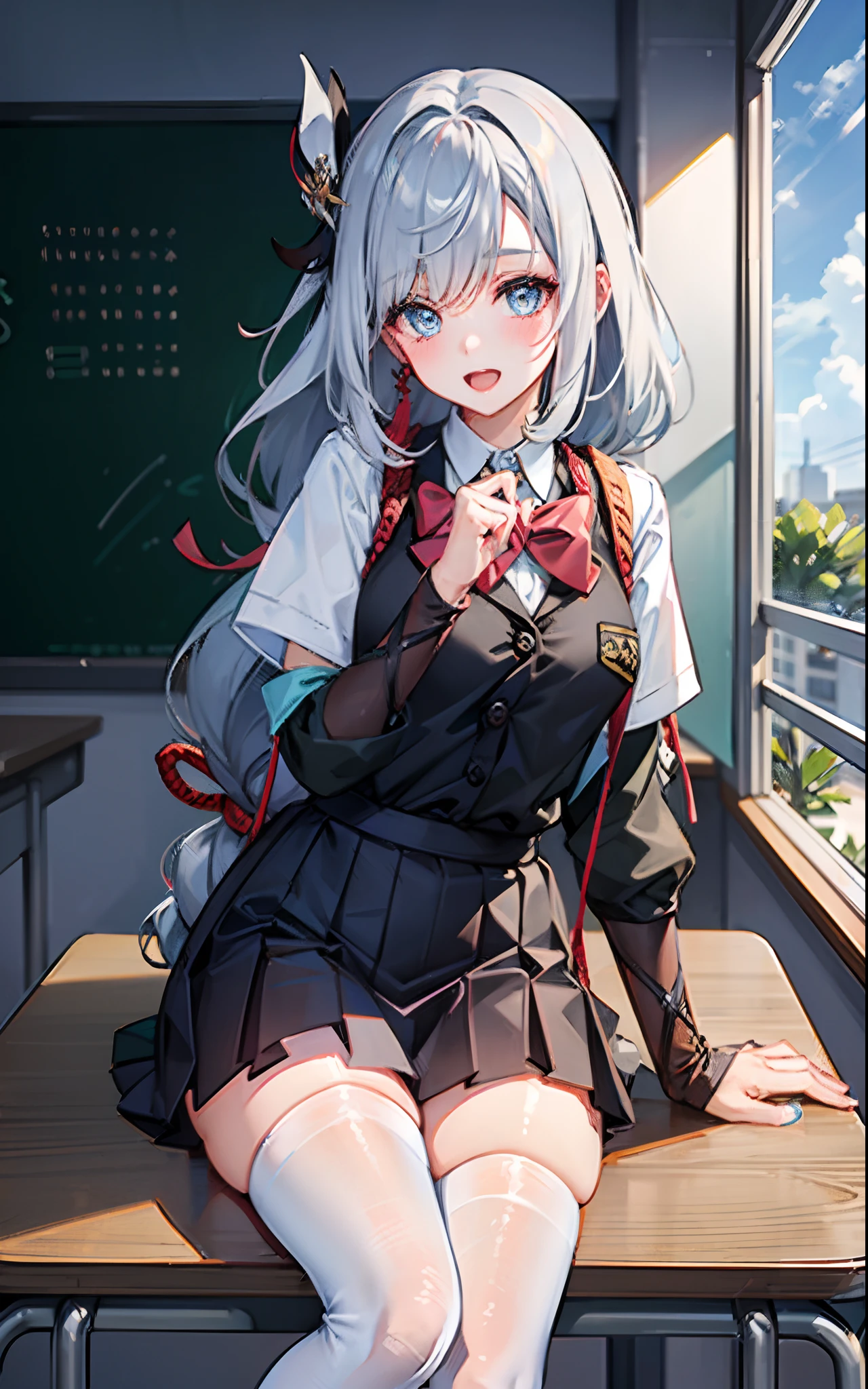 1girll，Smile，Open mouth，JK school uniform，Blushlush，‎Classroom，classroom desk，white stockings，Be red in the face，long  white hair