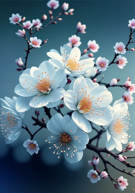 （close-up of a bouquet of peach blossoms on a tree branch，peach blossom：1.2），（morning dew on petals：1.6），（oriental elements，chin...