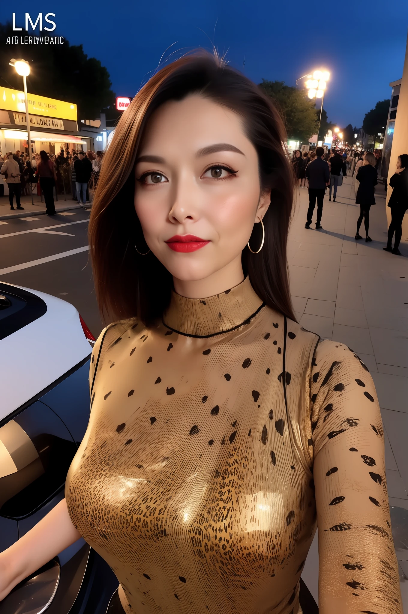 Woman posing on street corner at night in see-through , Leopard print dress, mini skirt, , of the highest quality, High resolution, 8K, girl, 1 person, (Huge breasts), Daytime, Bright, plein air, (Street: 0.8), (People, Large crowds: 1), (Heavy, Fat body: 1.4), ( plus size model), makeup, (lip stick: 1.1), (eye line: 1.2), mascara, eyeshadows, , Thin dress: 1.5, High Neck Dresses: 1.5, ), Gorgeous, (Medium Hair), Beautiful detailed sky, Beautiful earrings, (Dynamic Pose: 0.8), (Upper body: 1.2), Soft lighting, Wind, Shiny skin, Gaze,