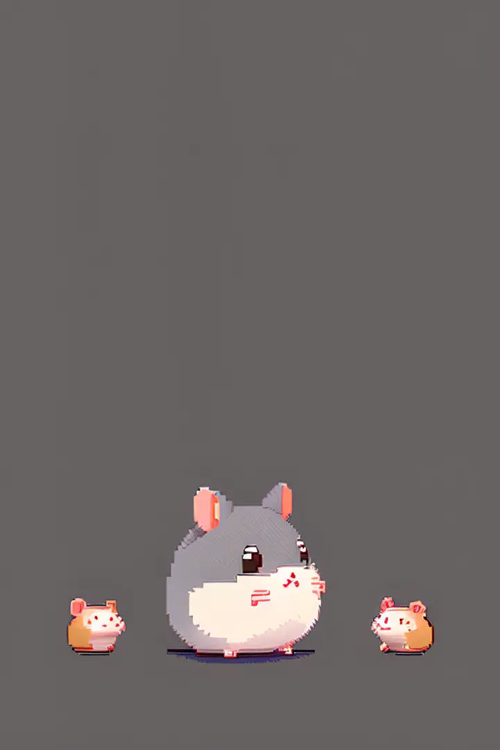 Background color is gray、Pixel art、solid color、hamster、It features a simple