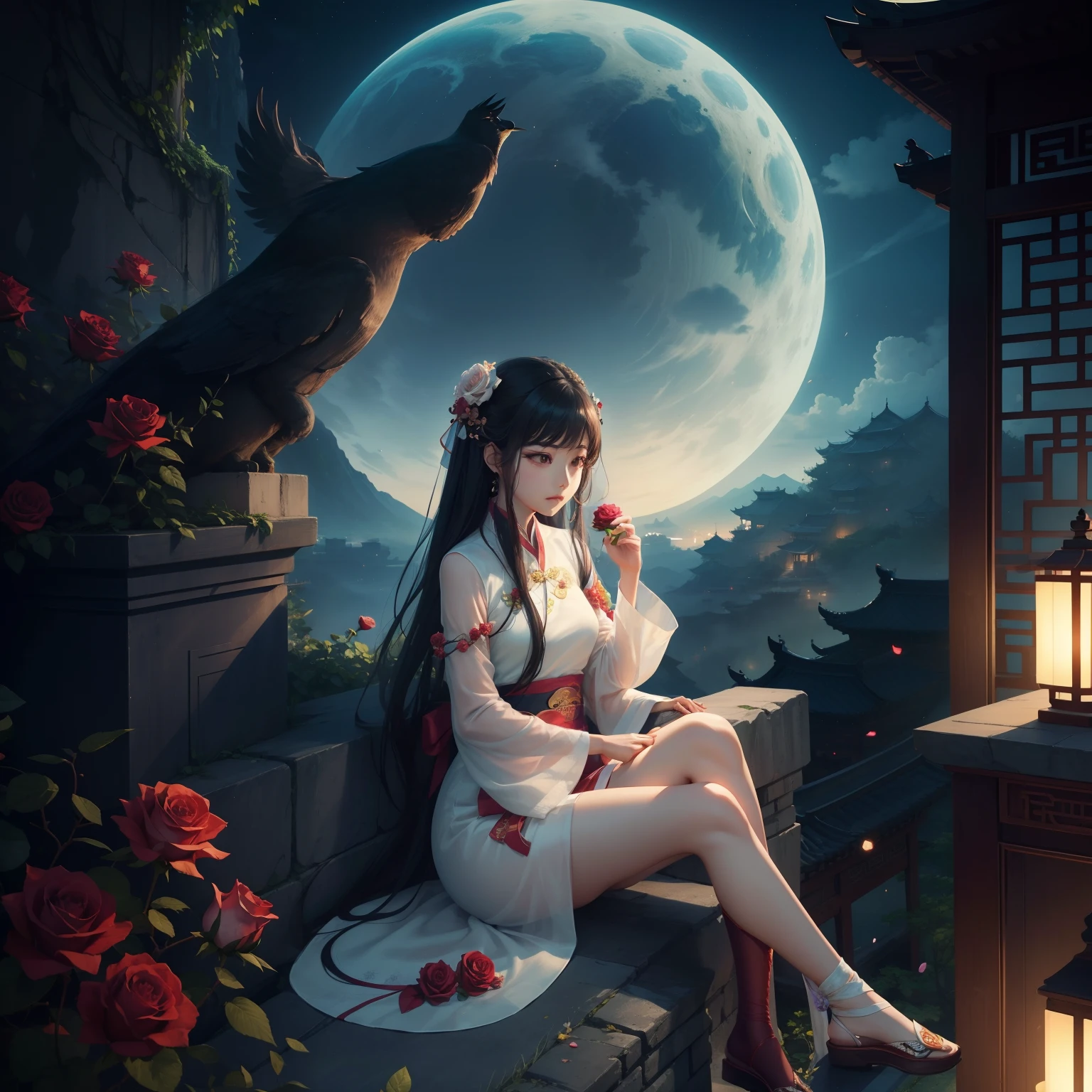arafed woman sitting on a ledge with a rose in her hand, xintong chen, sha xi, wenfei ye, beautiful  girl, yang qi, jia, bae suzy, Xue Han, qiu fang, mingchen shen, full body xianxia, Yoshitomo Nara, dreamy night, by Ni Tian