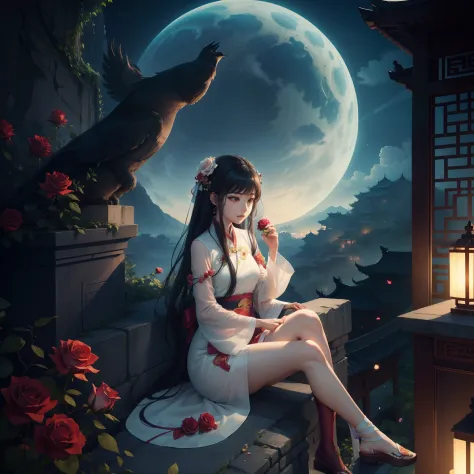 arafed woman sitting on a ledge with a rose in her hand, xintong chen, sha xi, wenfei ye, beautiful lonely girl, yang qi, jia, b...