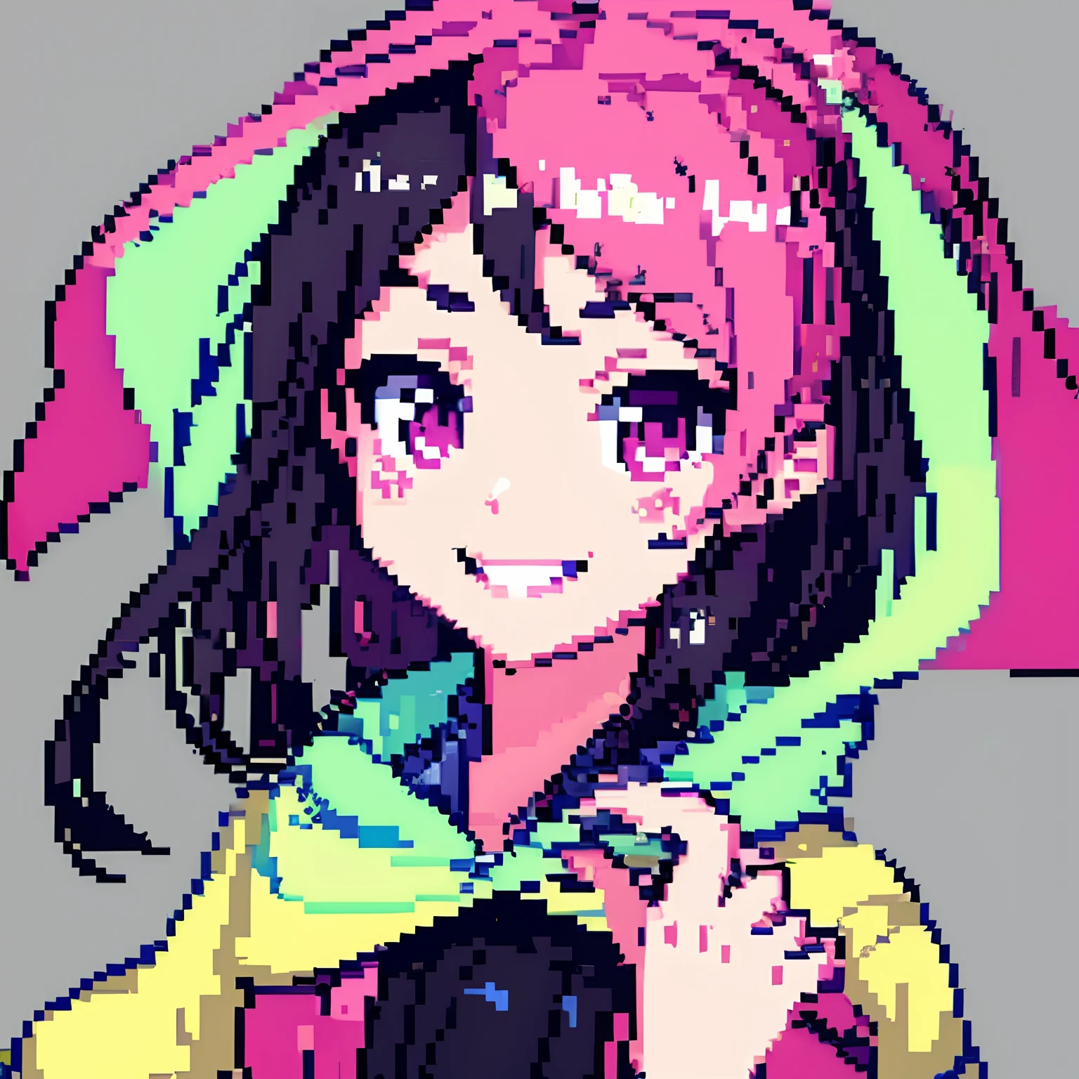 Pixel art, Masterpiece, pix, 1girll, black color hair, Pink pick dye, Pink eyes, , , Face only,  Smile, grin,  Anime style, Cute, Simple background, greybackground