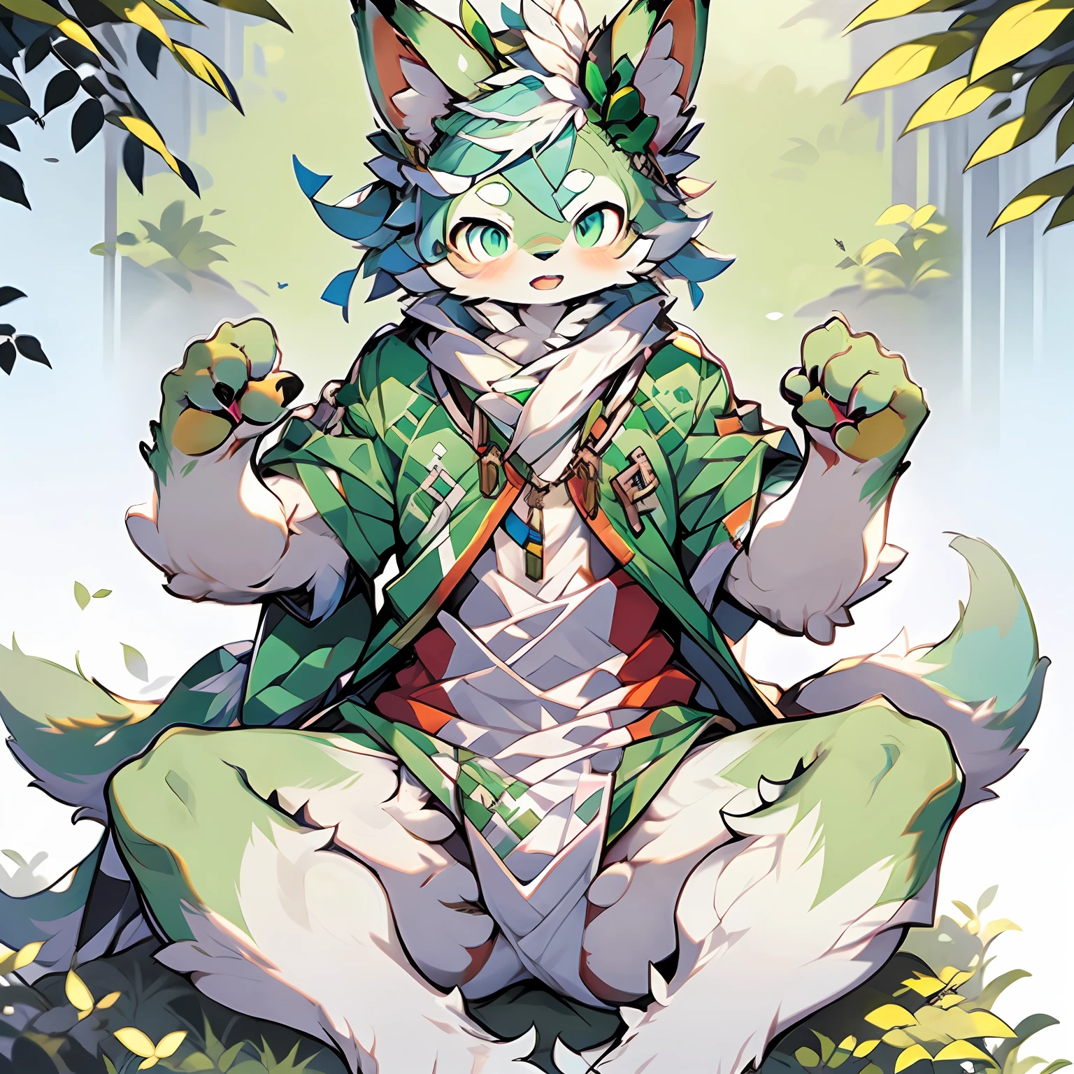 Canidae，male people，hairy pubic，furry，adolable，ears white，The tips of the ears are blue，Bright green eyes，Cyan eyeshadow，cyanhair，Bangs green，The body is covered with white hair，The forearm is green，Fingertip green，The paws are white，Calves green，The tips of the paws are green，The meat pad is pink，No clothing