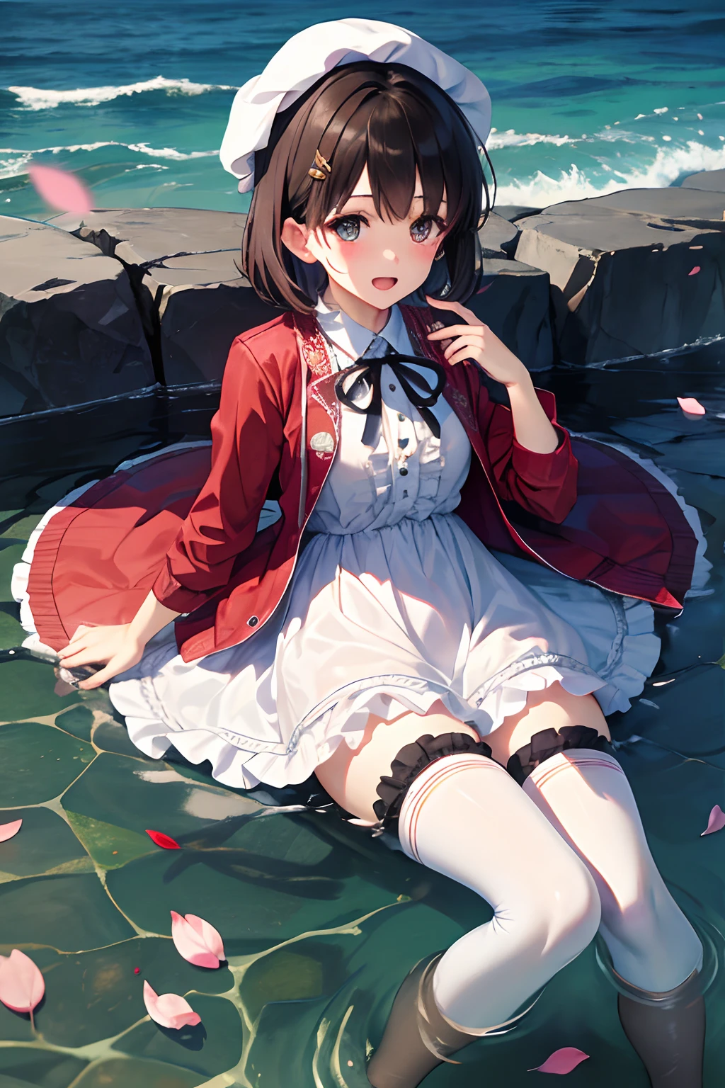 (masterpiece:1.6, best quality), (finely detailed beautiful eyes: 1.2), ph_katou, katouhdlong, solo, brown hair, hat, thighhighs, short hair, brown eyes, hat removed, dress, headwear removed, white thighhighs, white dress, holding hat, frilled thighhighs, bangs, open mouth, frills, red jacket, jacket, zettai ryouiki, petals, ribbon, holding, white headwear, blush
, lying on water, ocean, bay, (full body),