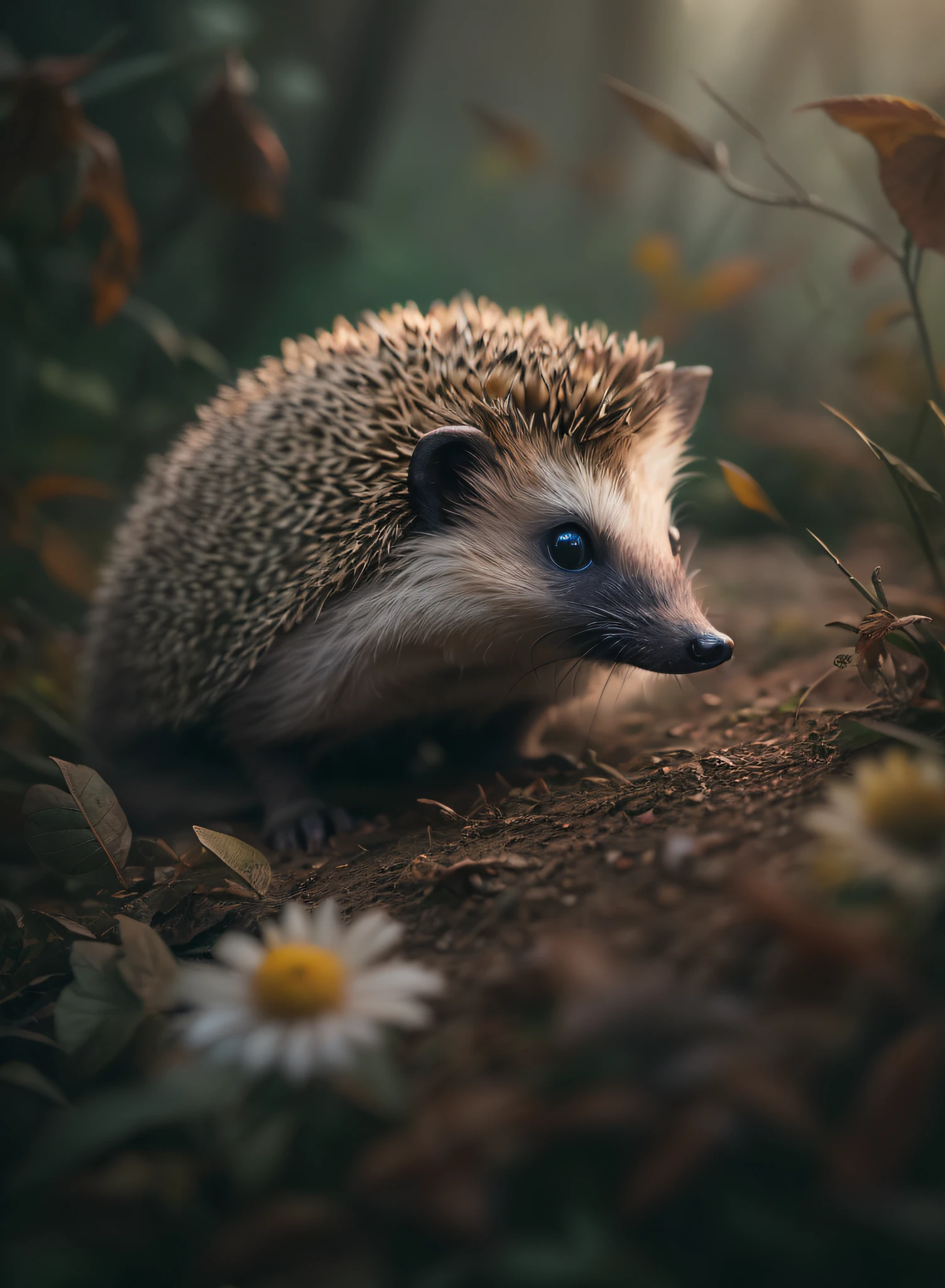 Photo of one hedgehog、the woods、Haze、Halation、florals、Dramatic atmosphere、central、thirds rule、200mm 1.4F Macro Shot、(natural skin textures、Hyper-Realism、Soft light、sharp:1.2)、(intricate-detail:1.12)、nffsw、(intricate-detail、ultra-detailliert:1.15)、Art by Greg Rutkowski and ArtGerm、Soft Cinematic Lights、adobe lightroom、Photolab、nffsw、Convoluted、ighly detailed、(depth of fields:1.4)