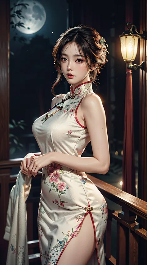 Art depicts a charming woman，wearing  cheongsam，Decorated with intricate patterns and bright colors。Her dress draped elegantly o...
