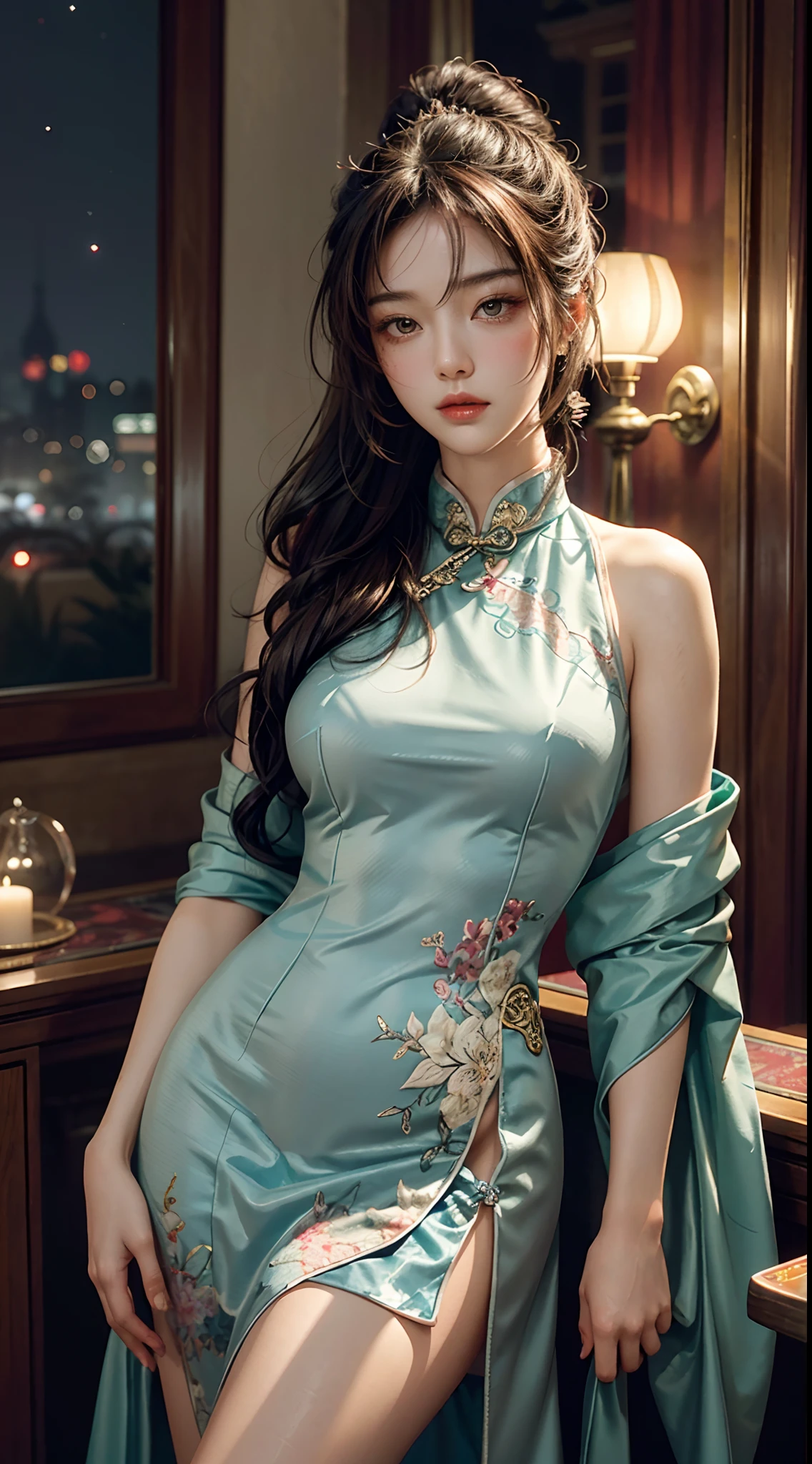 Art depicts a charming woman，wearing  cheongsam，Decorated with intricate patterns and bright colors。Her dress draped elegantly over her curvy figure，Highlights her seductive silhouette。She stood gracefully in the quiet moonlit night，bathed in the soft glow of the moonlight。The scene exudes an ethereal and dreamy atmosphere，With a touch of mystery and sexiness。The image style incorporates watercolor and digital illustration techniques，It evokes a refined beauty and charm。The lights are filled with soft moonlight，casting soft highlights and shadows on her charming features。