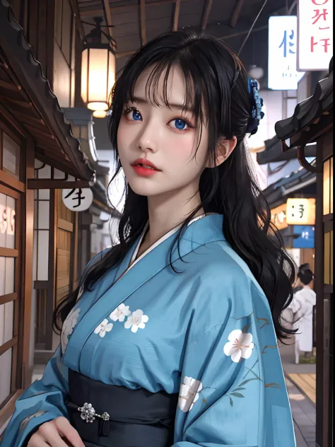 best quality, masterpiece,Black hair, blue eyes, looking up, upper body, korean girl, kimono,