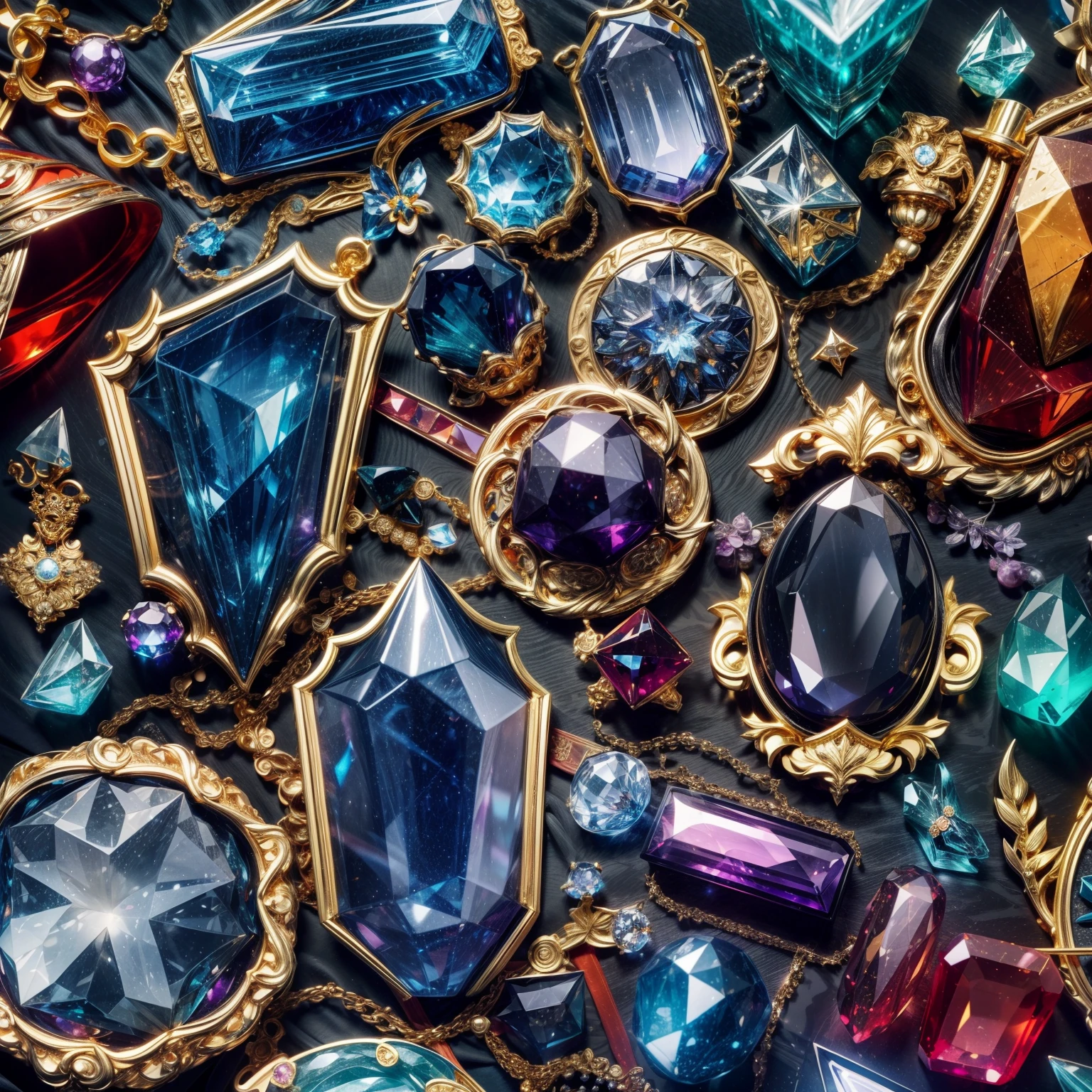 (有毒风格:1.6)，(全焦:2),(所有东西都摆放在展示柜里:1.3)，(魔法物品|彩色宝石|樱花|印花丝绸产品|勋章|矿石|黑曜石|珍珠|翡翠|白玉|紫晶|蓝宝石|黄金产品|银制品|紫金|神奇的珠宝|古玩|红宝石|橙色宝石|蓝色宝石|黄玉|:2)，魔法符号光粒子效果，高科技奢华， 高价值珠宝,，高价值金属，奢侈品，禁止玩拼图, 详细而复杂的背景, 闪闪发光的, 反射光, 超高清, 获奖, 高分辨率, 高细节, 明暗对比, 电影灯光, 杰作, 射线追踪，结构正确, 超级细节, 高质量, 高细节s, 最好的质量, 16千