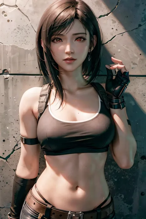 (​masterpiece), (top-quality), 8K分辨率, ultra-detailliert, ultra-detailliert, realisitic, a picture, photorealisim, (1girl), tifa, Final Fantasy, Tifa Lockhart, rays of sunshine, cinematic, Cool Pose, concrete wall,metal pipes,Details red eyes,Detailed doubl...