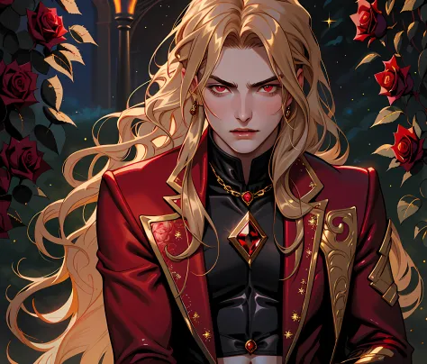 masterpiece, highest quality, (perfect face:1.1), (high detail:1.1), vampire with long voluminous gold hair, soft hair, red eyes, slit pupil, solo ,1guy, long hair, red Victorian suit, Rose Garden detailed background, realistic, covered navel, pouty lips, ...