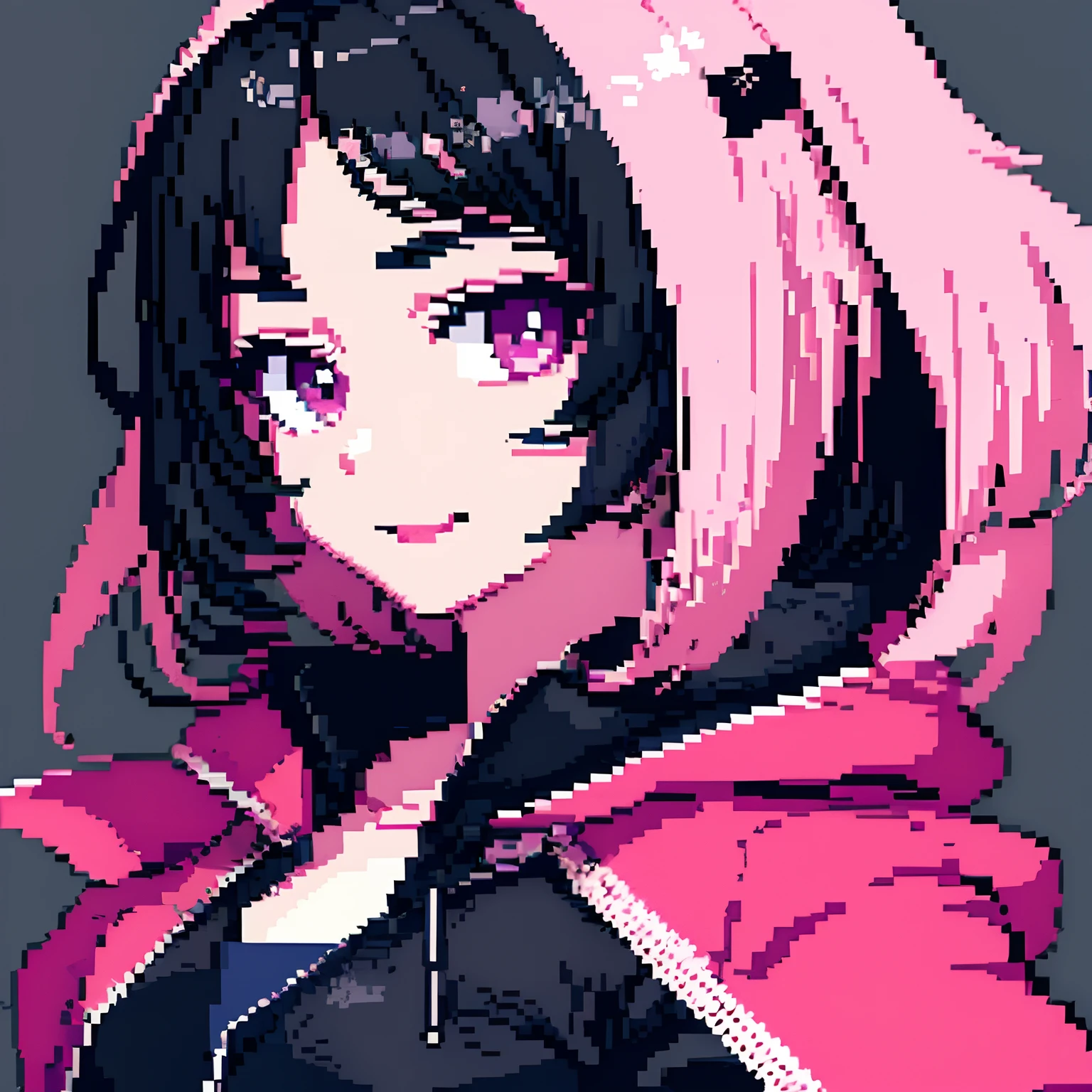 Pixel art, Masterpiece, pix, 1girll, black color hair, Pink pick dye, Pink eyes, short detailed hair ,hooding, , , Face only, Smile, Pursed his lips and smiled, Anime style, Cute, Simple background, Contrast background