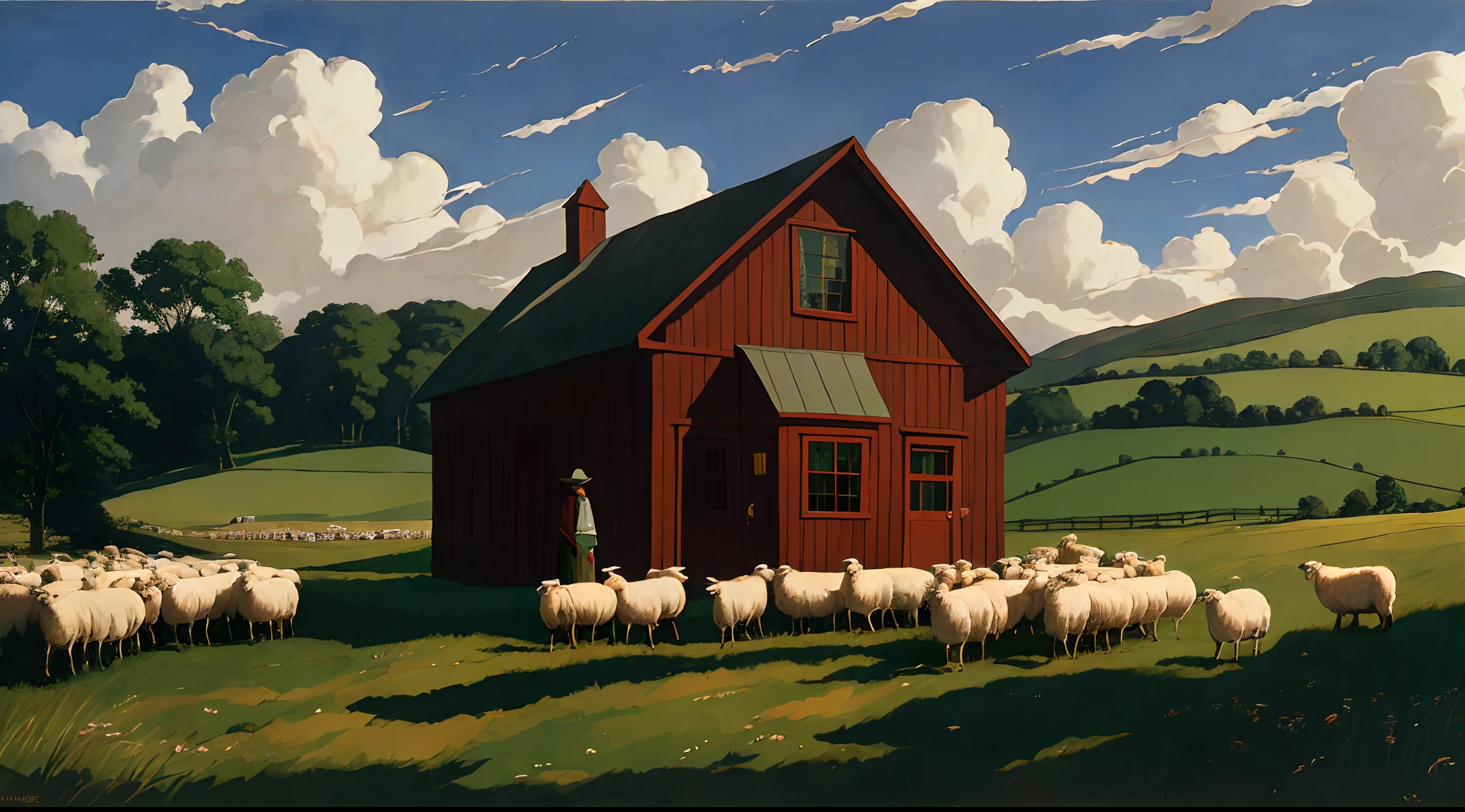 Amidst a scenic countryside, a pastoralist in traditional attire stands confidently amidst a flock of plump, healthy sheep. The schoolhouse, charmingly small and delicate, adds a touch of nostalgia against the expansive blue flaxen sky. inspired style by andrew wyeth, thomas cole and grant wood