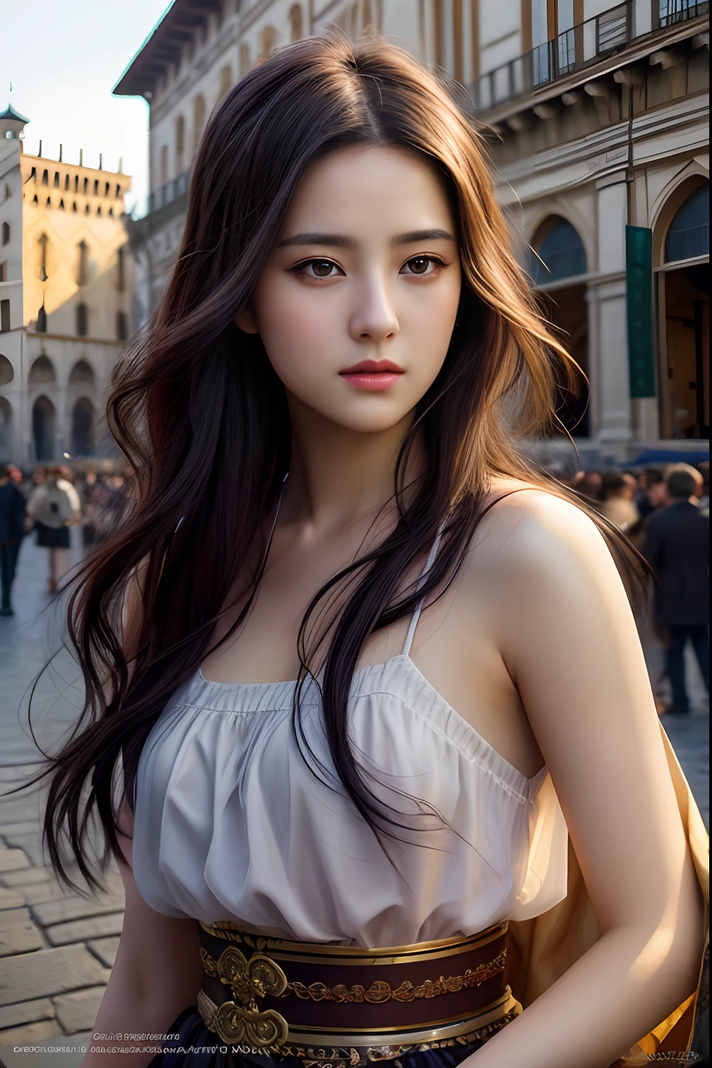 style de prise de vue du modèle, (fond d&#39;écran CG Unity 8k extrêmement détaillé), photo complète du corps des plus belles œuvres d&#39;art du monde, superbe belle photo réaliste disponible, une photo ultra réaliste ultra détaillée, une belle fille en danseuse dans la rue de Florence, robe complexe,Banquet, foule, [léger sourire],(Fond du Palazzo Vecchio et de la Piazza della Signoria), (yeux de princesse, élèves brillants), beaux yeux noisette symétriques et détaillés, visage magnifique et détaillé, très détaillé, vibrant, peinture à l&#39;huile majestueuse professionnelle, par Ed Blinkey, Atey Ghaïlan, Studio Ghibli, Jérémie Mann, Greg Manches, Antonio Moro, Tendances ArtStation, Tendances de la société CGS, Complexe, Détails élevés, netteté, Spectaculaire, art de peinture photoréaliste par Midjourney et Greg Rutkowski