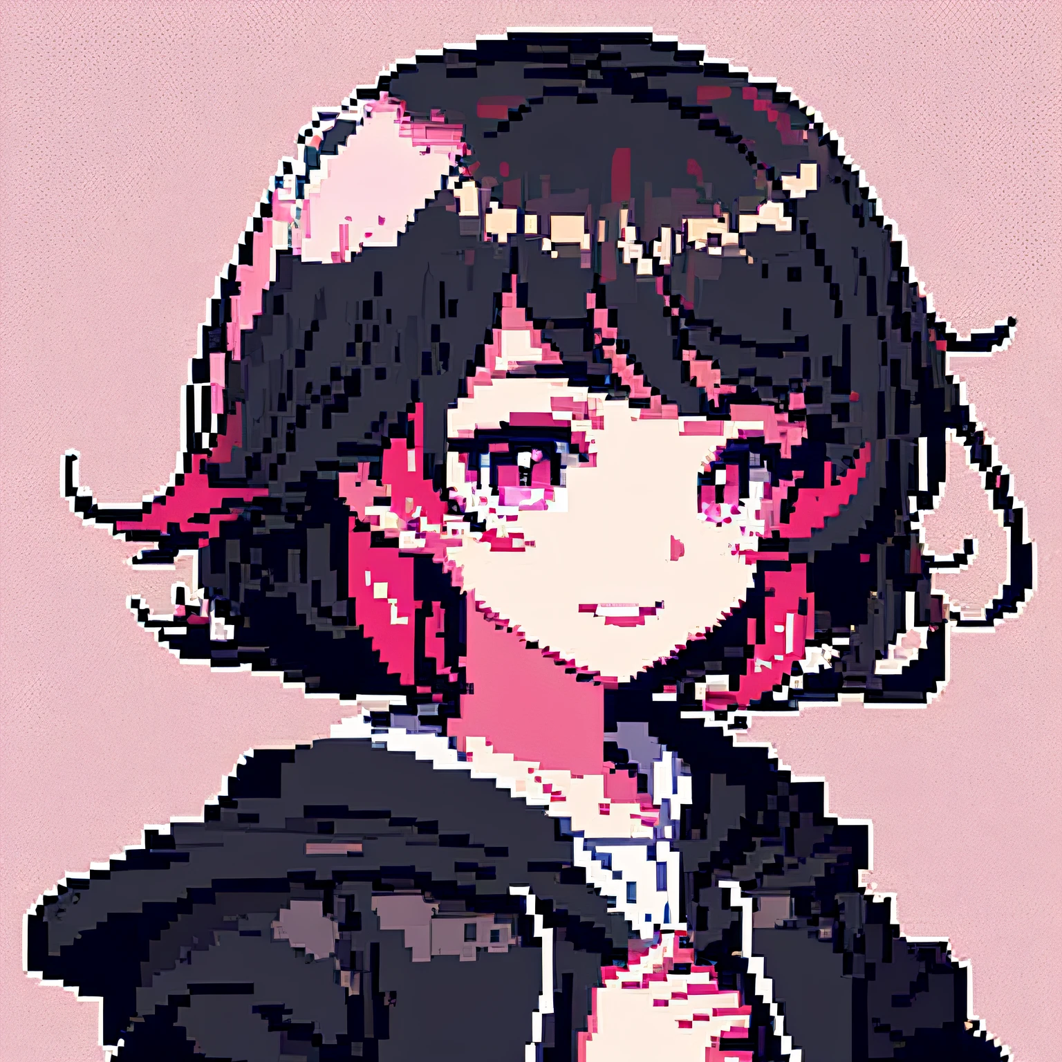 ドット絵, 傑作, 写真, 1人の女の子, 黒髪, ピンクピック染料, ピンクの目, 短い細かい髪 ,フード, , 小さな箱, 顔のみ, 活発さ, 唇をすぼめて微笑んだ, アニメスタイル, かわいい, シンプルな背景, コントラストの背景