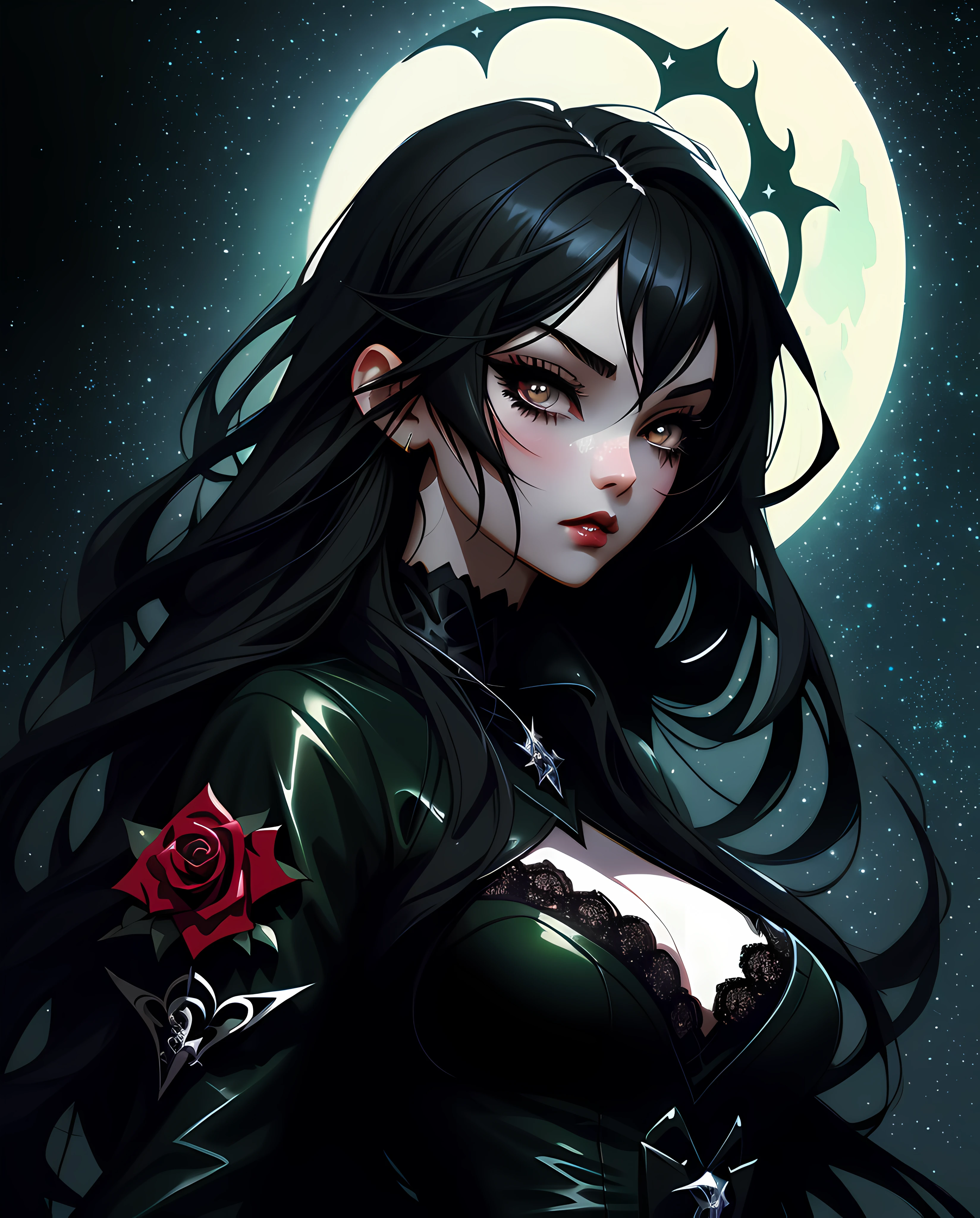 sticker, anime  Vampire girl, long black hair, gothic style, roses in hair,dark black eyelashes ,green irises, big breasts, black lace catsuit, digital illustration, comic style, gothic renaissance, perfect anatomy, centered, approaching perfection, dynamic, highly detailed, watercolor painting, artstation, concept art, smooth, sharp focus, illustration, art by wlop and ross tran ,glitter