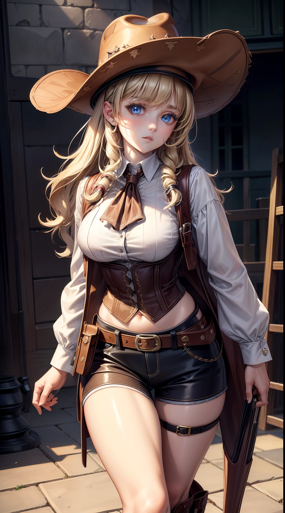 Meisterwerk, 8, 1 Mädchen, Cowgirl-Outfit, holster, Colts im Holster, Meisterwerk, beste Qualität, sehr detailliert, sehr große Brüste, dick, kleine Taille, (blasse Haut:1.2), blonde lange lockige Haare, blaue Augen, dunkle Kleidung, brauner Hut, detaillierter Hintergrund, höchste Detailliertheit, filmische Beleuchtung, Dynamisch, Porträt, Saloon, Ganzkörperaufnahme, kleiner Winkel