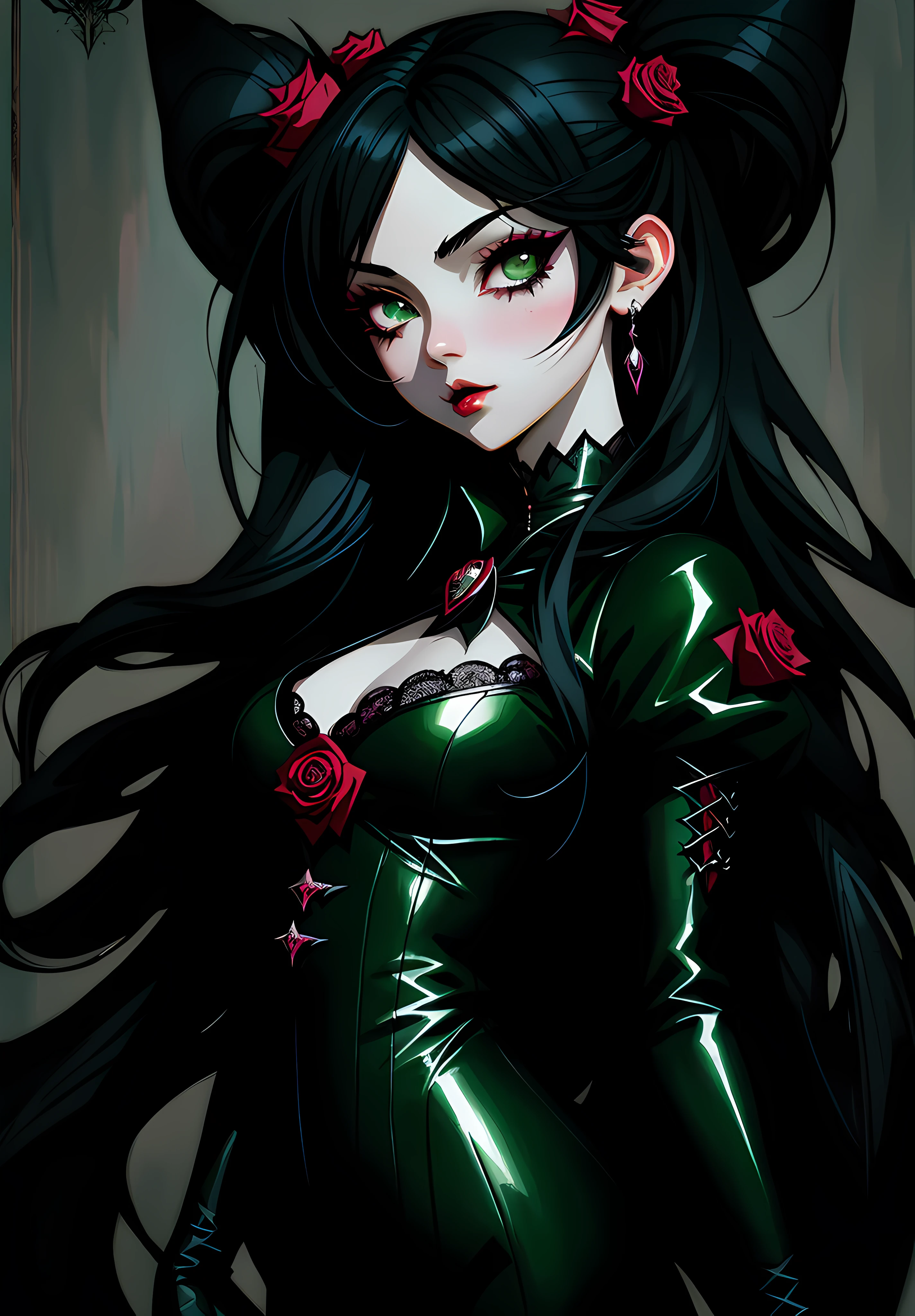 anime Chibi garota vampira, cabelo preto comprido, estilo gótico, rosas no cabelo,cílios pretos escuros ,olhos verdes, Catsuit de renda preto, digital ilustração, estilo cômico, renascimento gótico, anatomia perfeita, centrado, aproximando-se da perfeição, dinâmico, altamente detalhado, Pintura aquarela, estação de arte, arte conceitual, suave, foco nitído, ilustração, arte de wlop e ross tran ,