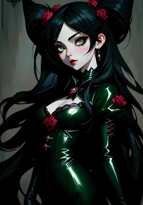 anime Chibi Vampire girl, long black hair, gothic style, roses in hair,dark black eyelashes ,green eyes, black lace catsuit, dig...