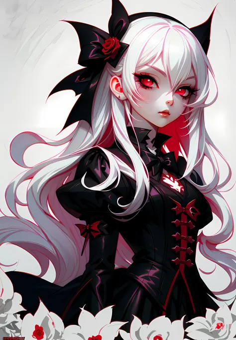 anime Chibi Vampire girl, long white hair, gothic style, roses in hair,dark black eyelashes ,glowing red eyes, digital illustrat...