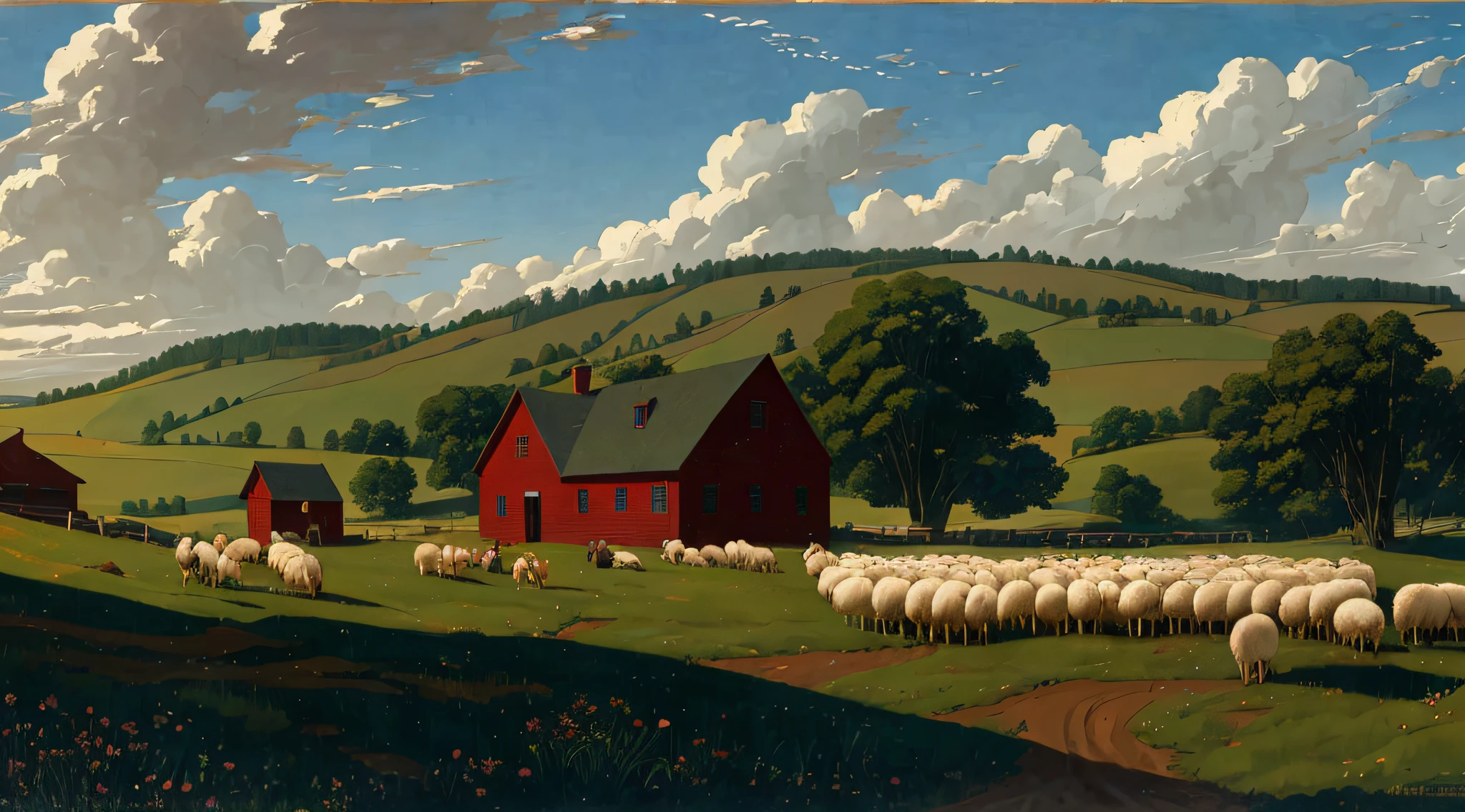 a pastorlist as shepard herding his flocks of sheep in an idllyic and scenic countryside, one with nature and god, immersive background, morning fogs, The schoolhouse, charmingly small and delicate, adds a touch of nostalgia against the expansive blue flaxen sky. inspired style by andrew wyeth, thomas cole and grant wood