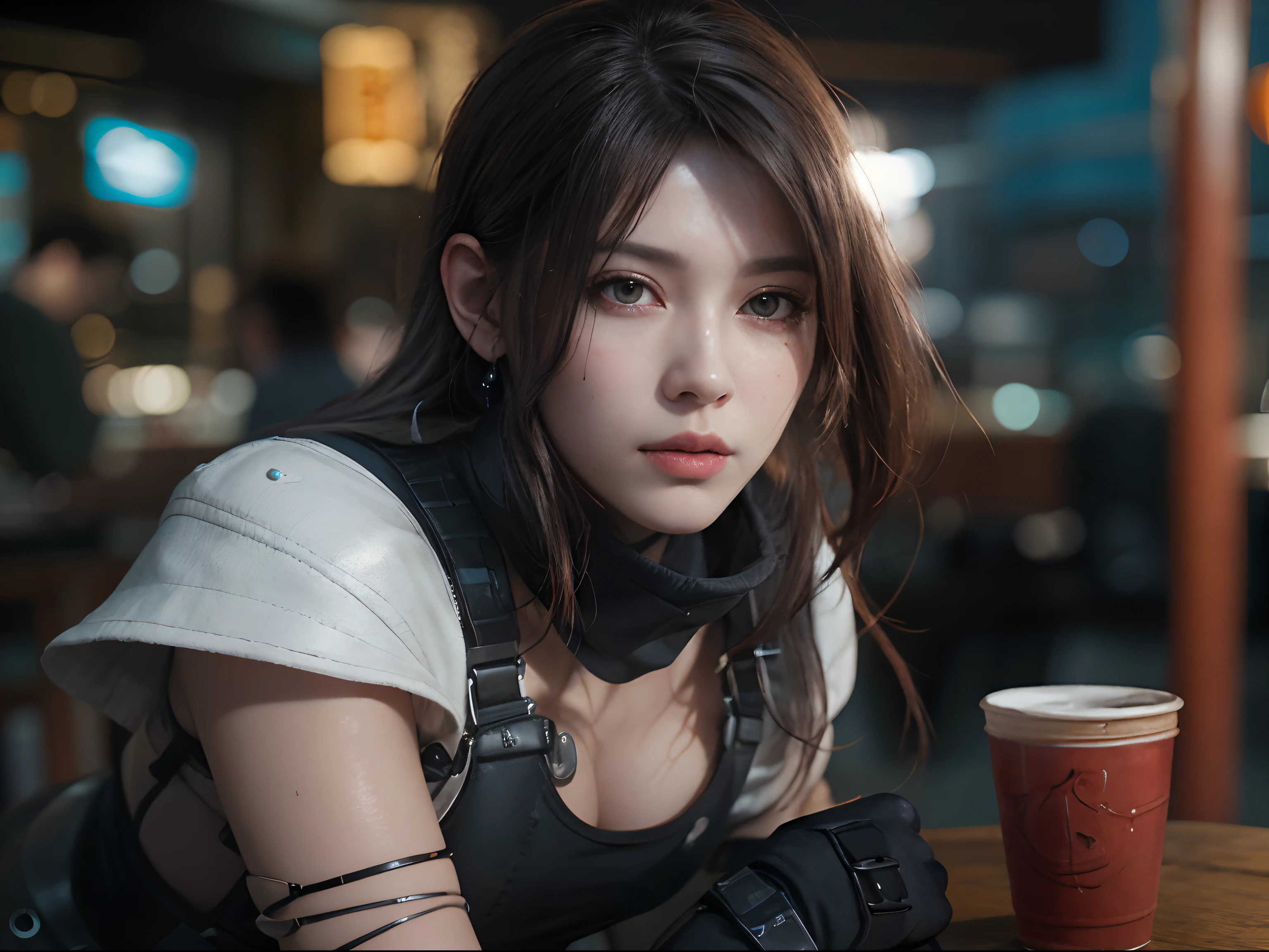 (8k, best quality, masterpiece:1.2), (realistic, photo-realistic:1.37), ultra-detailed, A detailed portrait of Tifa Lockhart from Final Fantasy VII Remake sitting at a detailed cafe in the cityscape on a date, looking cute and solo with beautiful detailed eyes and a nose blush. She wears a single elbow pad, ankle boots, a black skirt, black thigh-highs, and red boots, along with elbow gloves, elbow pads, and fingerless gloves. Her outfit includes a sports bra, suspender skirt, thigh-highs, and a white tank top. Her full body is visible with her head resting on her hand, showcasing her pretty face, low-tied long hair, and lips. The scene is illuminated with professional lighting, photon mapping, and radiosity, with Tetsuya Nomura Style and a cyber-futuristic feel. The background features yellow flowers and a bokeh effect. Tifa has a small smile and closed mouth. cinematic colorgrading film, dramatic scenes, photography, RAW, Masterpiece, ultra wide angle, Ultra Fine Photo, Best Quality, Ultra High Resolution, Photorealistic, volumetric light, Stunningly Beautiful, half body, Delicate Face, Vibrant Eyes, RAW photo, (Highest quality:1.3), (sharp focus:1.5), (skin_textures:1.2), (photorealistic:1.3), (highly detailed skin), (detailed face), (high detailed skin:1.2), (glistening skin:1.15), cyberpunk, (cyborg arms:1.2), night, snow, fog, futuristic, cyberpunk