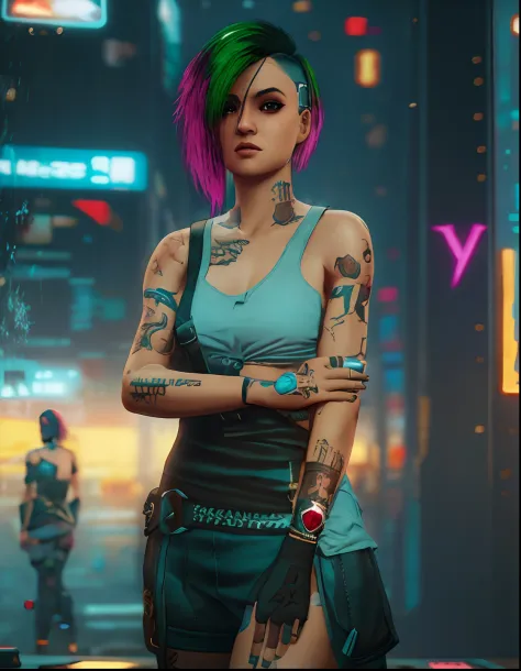 Mulher com tatuagens e uma bolsa posando para uma foto, diesel punk female, Cyberpunk 2 0 e. o modelo menina, mechanic punk outf...