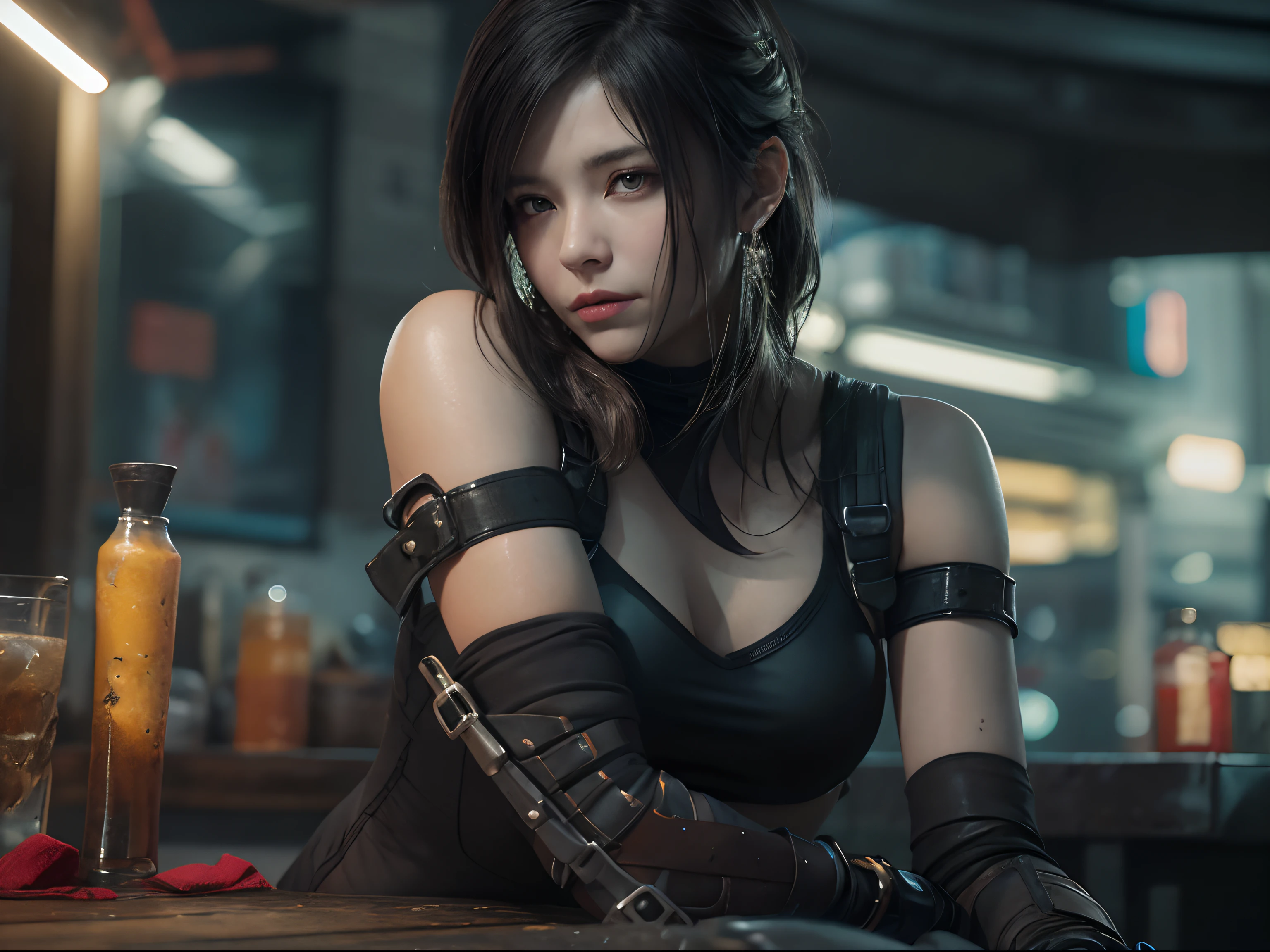 (8k, beste Qualität, Meisterwerk:1.2), (Realistisch, photo-Realistisch:1.37), ultra-detailliert, Ein detailliertes Porträt von Tifa Lockhart aus Final Fantasy VII Remake, die bei einem Date in einem detaillierten Café in der Stadtlandschaft sitzt, sieht süß und allein aus, mit schönen, detaillierten Augen und einer errötenden Nase. Sie trägt einen einzelnen Ellbogenschützer, Stiefeletten, ein schwarzer Rock, black Strümpfe, und rote Stiefel, zusammen mit Ellenbogenhandschuhen, Ellenbogenschoner, und fingerlose Handschuhe. Zu ihrem Outfit gehört ein Sport-BH, Hosenträgerrock, Strümpfe, und ein weißes Tanktop. Ihr ganzer Körper ist sichtbar, ihr Kopf ruht auf ihrer Hand, präsentiert ihr hübsches Gesicht, tief zusammengebundene lange Haare, und Lippen. Die Szene wird mit professioneller Beleuchtung beleuchtet, Photonenmapping, und Radiosität, with Tetsuya Nomura Style and a cyber-futuristisch feel. Der Hintergrund zeigt gelbe Blumen und einen Bokeh-Effekt. Tifa hat ein kleines Lächeln und einen geschlossenen Mund. Kinofilm mit Farbkorrektur, dramatische Szenen, Fotografie, Roh, Meisterwerk, Ultraweitwinkel, Ultrafeines Foto, beste Qualität, ultrahohe Auflösung, PhotoRealistisch, volumetrisches Licht, atemberaubend schön, Halber Körper, zartes Gesicht, leuchtende Augen, Roh photo, (höchste Qualität:1.3), (scharfer Fokus:1.5), (Haut_Texturen:1.2), (photoRealistisch:1.3), (highly detailed Haut), (detailliertes Gesicht), (high detailed Haut:1.2), (glistening Haut:1.15), cyberpunk, (cyborg arms:1.2), Nacht, Schnee, Nebel, futuristisch, cyberpunk