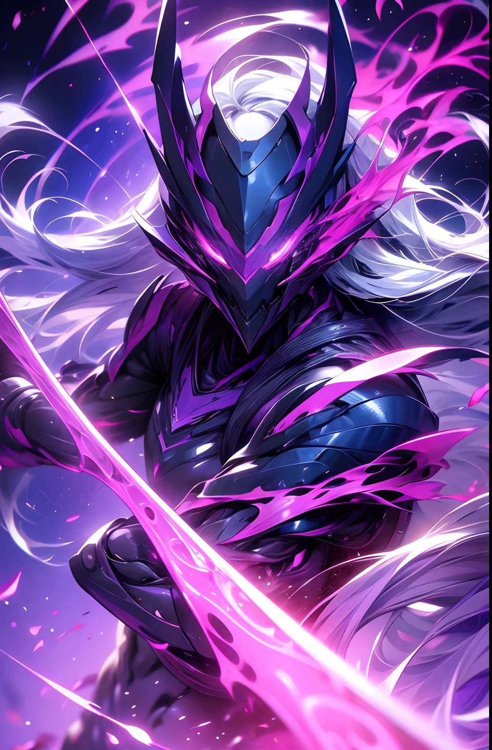 DARK PURPLE VOID WALKER WARRIOR, no helmet, holding a purple neon kitana, rage unleashed beautiful eyes and long flying hair.