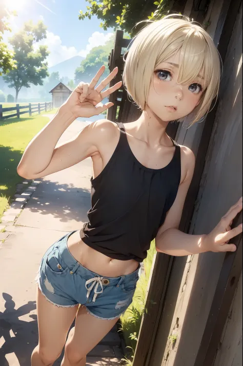 illustration, (pov, looking at viewer, full body), (beautiful Japanese teenage, 17yo), ((solo)), (blonde hair, (extra short hair:1.7), buzz cut, short bangs, messy hair), (Beautiful Face, (jitome:1.8)), (open mouth, expressionless), (tiny, flat chest, (dar...