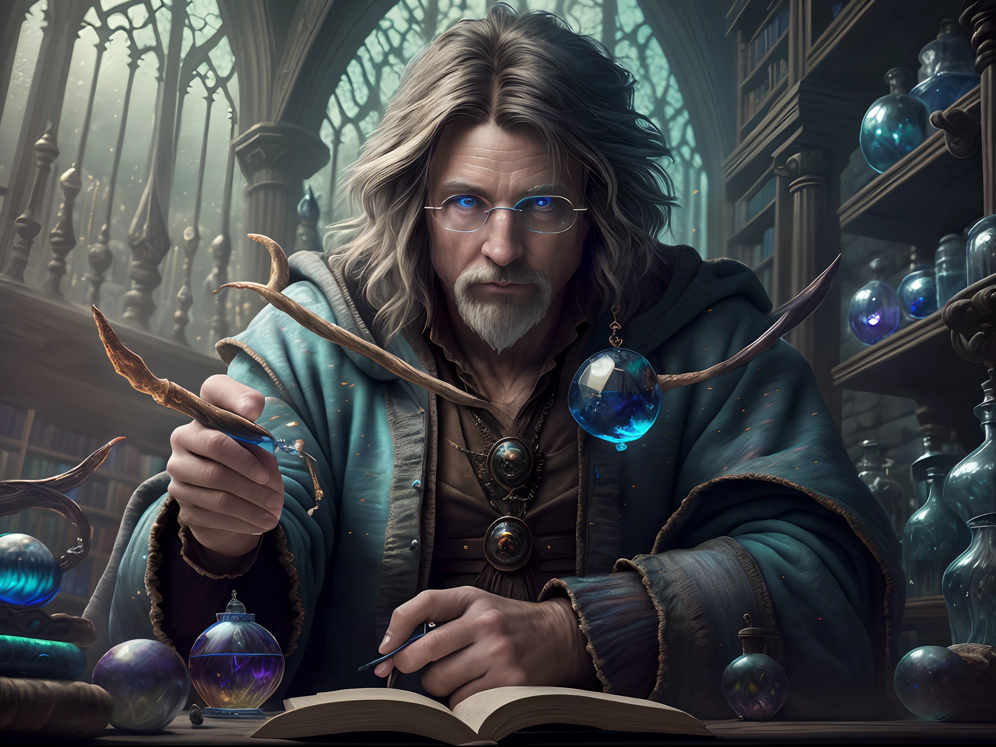 high details, best quality, 8k, [ultra detailed], masterpiece, best quality, (extremely detailed), dynamic angle, ultra wide shot, photorealistic, RAW, fantasy art, dnd art, fantasy art, realistic art, a wide angle landscape view wallpaper of a wizard (intense details, Masterpiece, best quality: 1.5) looking into his crystal ball (intense details, Masterpiece, best quality: 1.5), casting a spell in his magical laboratory, human male wizard, fantasy wizard (intense details, Masterpiece, best quality: 1.5), D&D wizard, young human male (intense details, Masterpiece, best quality: 1.5), [[anatomically correct]], dynamic hair, dynamic eyes, wearing magical robe (intense details, Masterpiece, best quality: 1.5), dynamic colors, ultra detailed face (intense details, Masterpiece, best quality: 1.5), manipulating blue magical energy, in his laboratory (intense details, Masterpiece, best quality: 1.5), many magical tomes, magical library (intense details, Masterpiece, best quality: 1.5),  many magical vials, ultra wide angle from a medium distance,