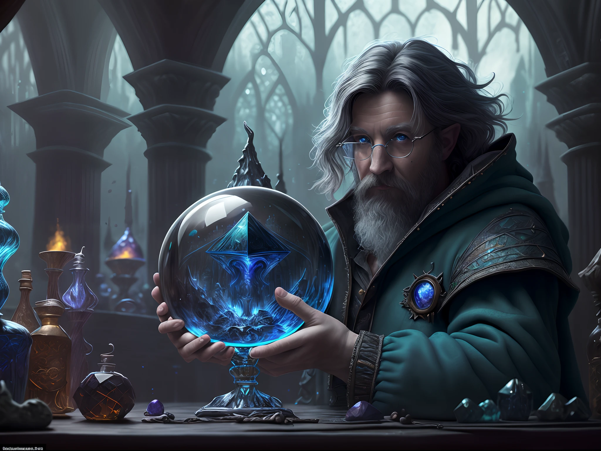 high details, best quality, 8k, [ultra detailed], masterpiece, best quality, (extremely detailed), dynamic angle, ultra wide shot, photorealistic, RAW, fantasy art, dnd art, fantasy art, realistic art, a wide angle landscape view wallpaper of a wizard (intense details, Masterpiece, best quality: 1.5) looking into his crystal ball (intense details, Masterpiece, best quality: 1.5), casting a spell in his magical laboratory, human male wizard, fantasy wizard (intense details, Masterpiece, best quality: 1.5), D&D wizard, young human male (intense details, Masterpiece, best quality: 1.5), [[anatomically correct]], dynamic hair, dynamic eyes, wearing magical robe (intense details, Masterpiece, best quality: 1.5), dynamic colors, ultra detailed face (intense details, Masterpiece, best quality: 1.5), manipulating blue magical energy, in his laboratory (intense details, Masterpiece, best quality: 1.5), many magical tomes, magical library (intense details, Masterpiece, best quality: 1.5),  many magical vials, ultra wide angle from a medium distance,