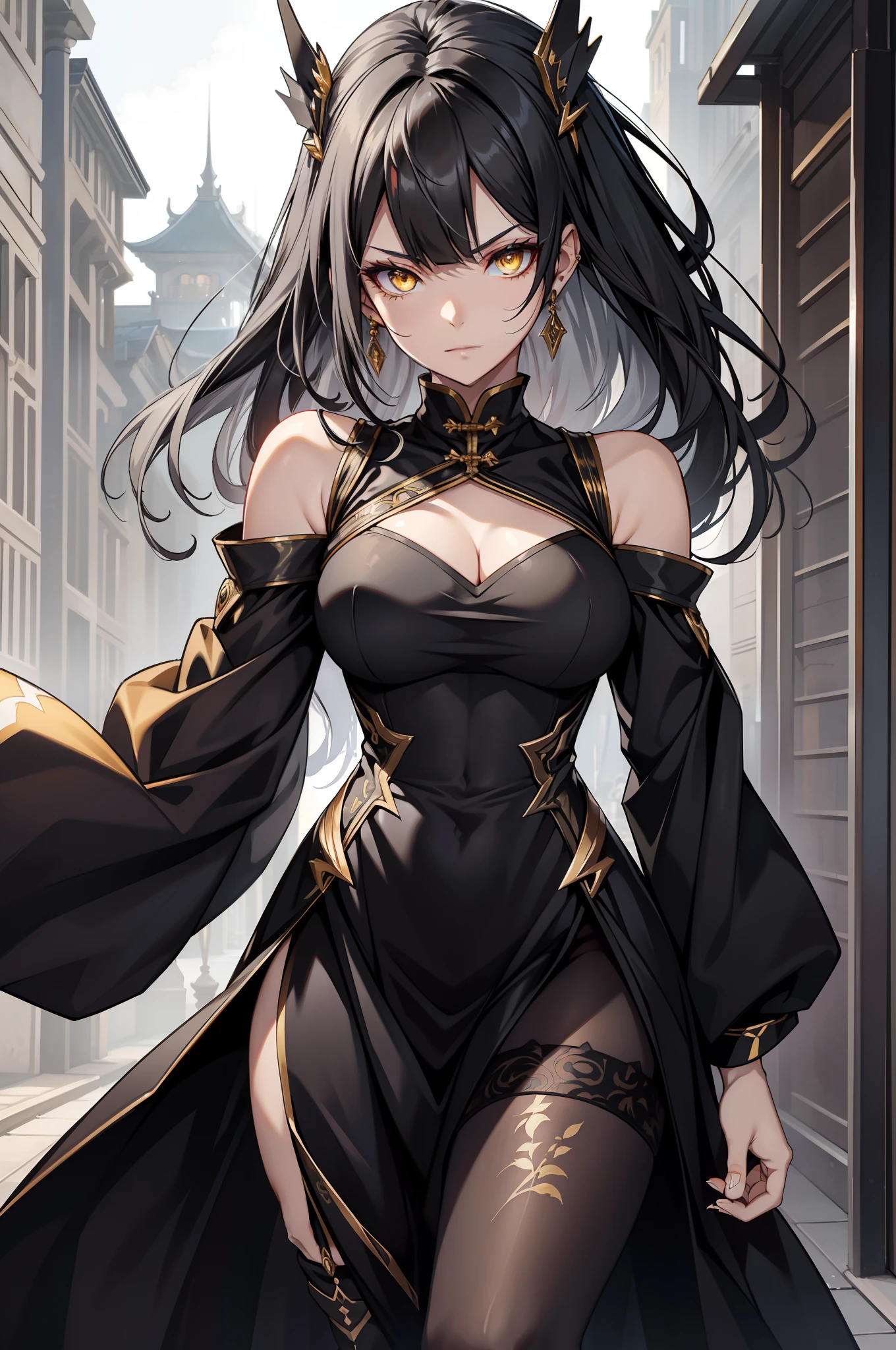 Sharp eyes, yellow eyes, extremely detailed eyes, eyes close up, Chinese dress, leg slit dress, pantyhose, black clothes, black and silver hair, lightning eyes, glowing eyes, wind blowing hair, radiating eyes, dark room, eyes focus