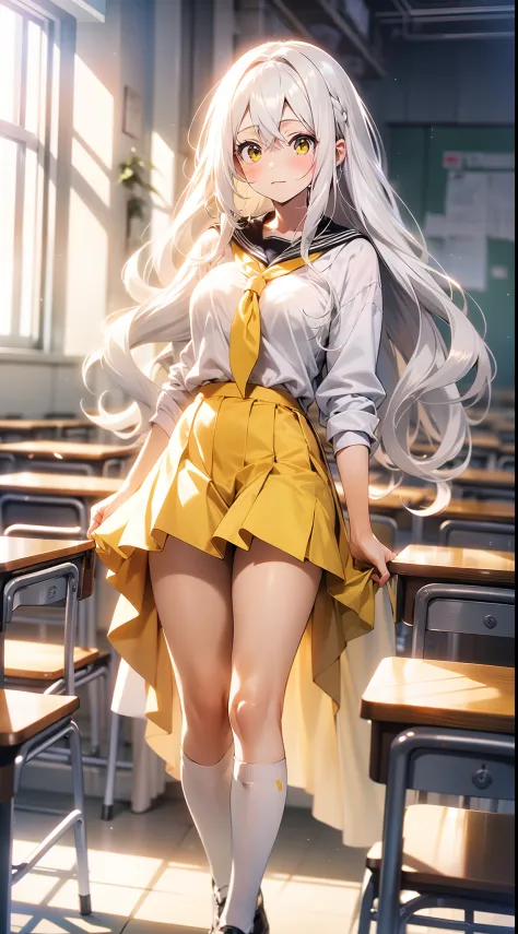 1 anime girl with long white hair is yellow eye, wearing a skirt is school clothes, corada, em uma sala de aula, sentada na mesa...