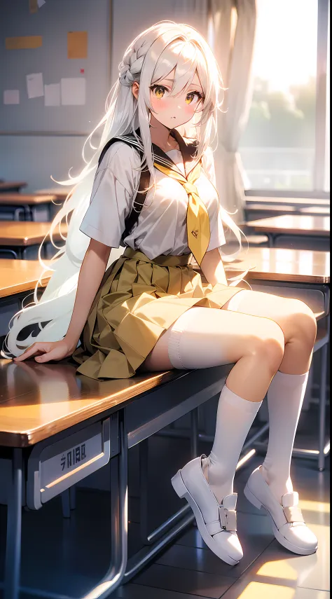 1 Anime Girl With Long White Hair Is Yellow Eye, Wearing a skirt is school clothes, corada, em uma sala de aula, sentada na mesa...