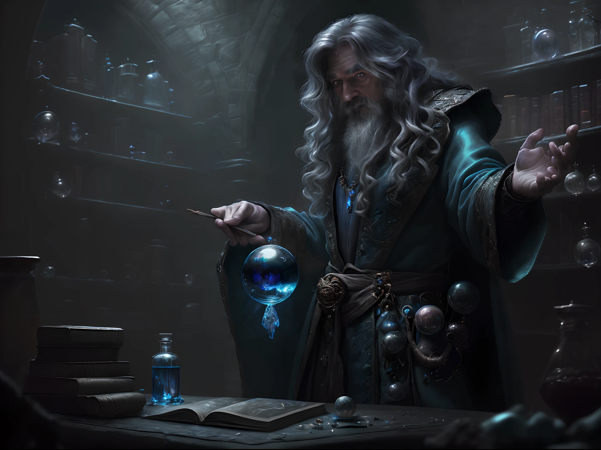 high details, best quality, 8k, [ultra detailed], masterpiece, best quality, (extremely detailed), dynamic angle, ultra wide shot, photorealistic, RAW, fantasy art, dnd art, fantasy art, realistic art, a wide angle view wallpaper of a wizard (intense details, Masterpiece, best quality: 1.5) looking into his crystal ball (intense details, Masterpiece, best quality: 1.5), casting a spell in his magical laboratory, human male wizard, fantasy wizard (intense details, Masterpiece, best quality: 1.5), D&D wizard, human male (intense details, Masterpiece, best quality: 1.5), [[anatomically correct]], dynamic hair, dynamic eyes, wearing magical robe (intense details, Masterpiece, best quality: 1.5), dynamic colors, ultra detailed face (intense details, Masterpiece, best quality: 1.5), manipulating blue magical energy, in his laboratory (intense details, Masterpiece, best quality: 1.5), many magical tomes, magical library (intense details, Masterpiece, best quality: 1.5),  many magical vials, ultra wide angle from a medium distance,