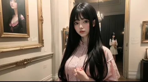 art gallery、A painting is a painting of a room、Beautiful adult woman with long black hair、I have bangs、Wearing a pink dress、３０ag...