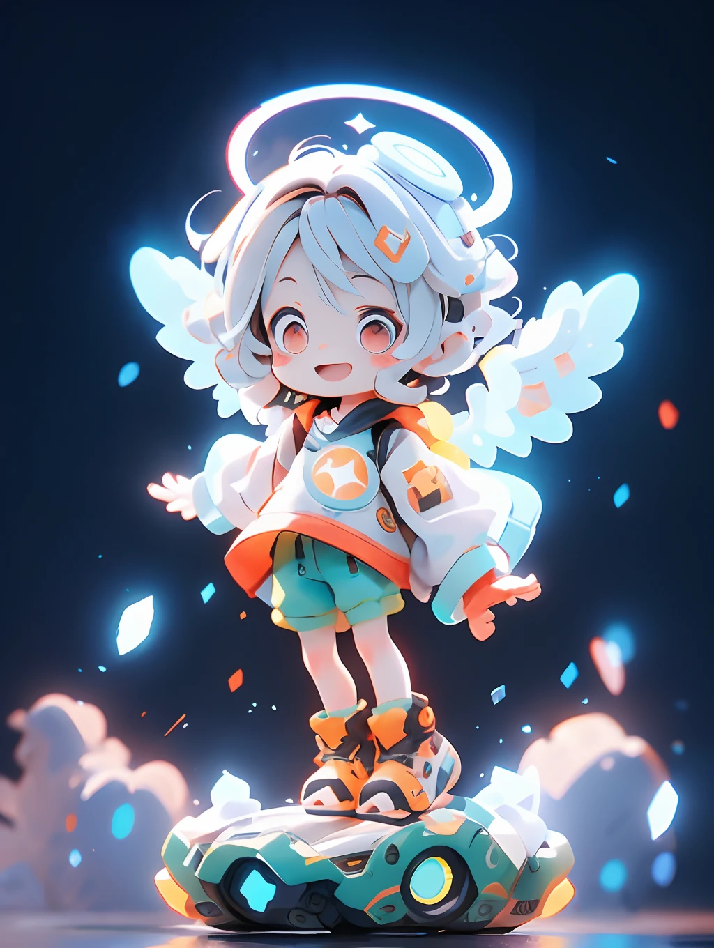 shota，White color hair ，male people，Q version，（toddlers，baby）， adolable， standing on your feet， Master masterpieces， A high resolution，8K，detailedbackground，high high quality，Libido boy，（（（solo））），(Angel wings，angelic halo，White clothes，The barefoot：0.6)，looking at viewert，angle of view，From above，Dreamlike，magical，baiyun，（Warm light source：1.2），upper sky，On the clouds，A happy expression，shorter pants