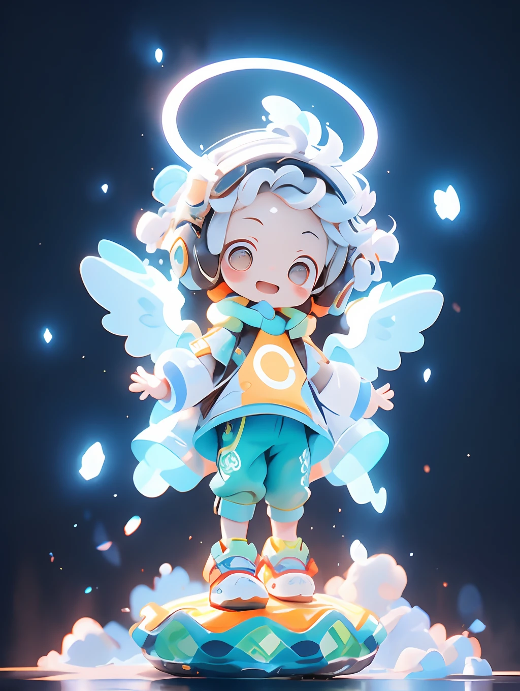 shota，White color hair ，male people，Q version，（toddlers，baby）， adolable， standing on your feet， Master masterpieces， A high resolution，8K，detailedbackground，high high quality，Libido boy，（（（solo））），(Angel wings，angelic halo，White clothes，The barefoot：0.6)，looking at viewert，angle of view，From above，Dreamlike，magical，baiyun，（Warm light source：1.2），upper sky，On the clouds，A happy expression，shorter pants