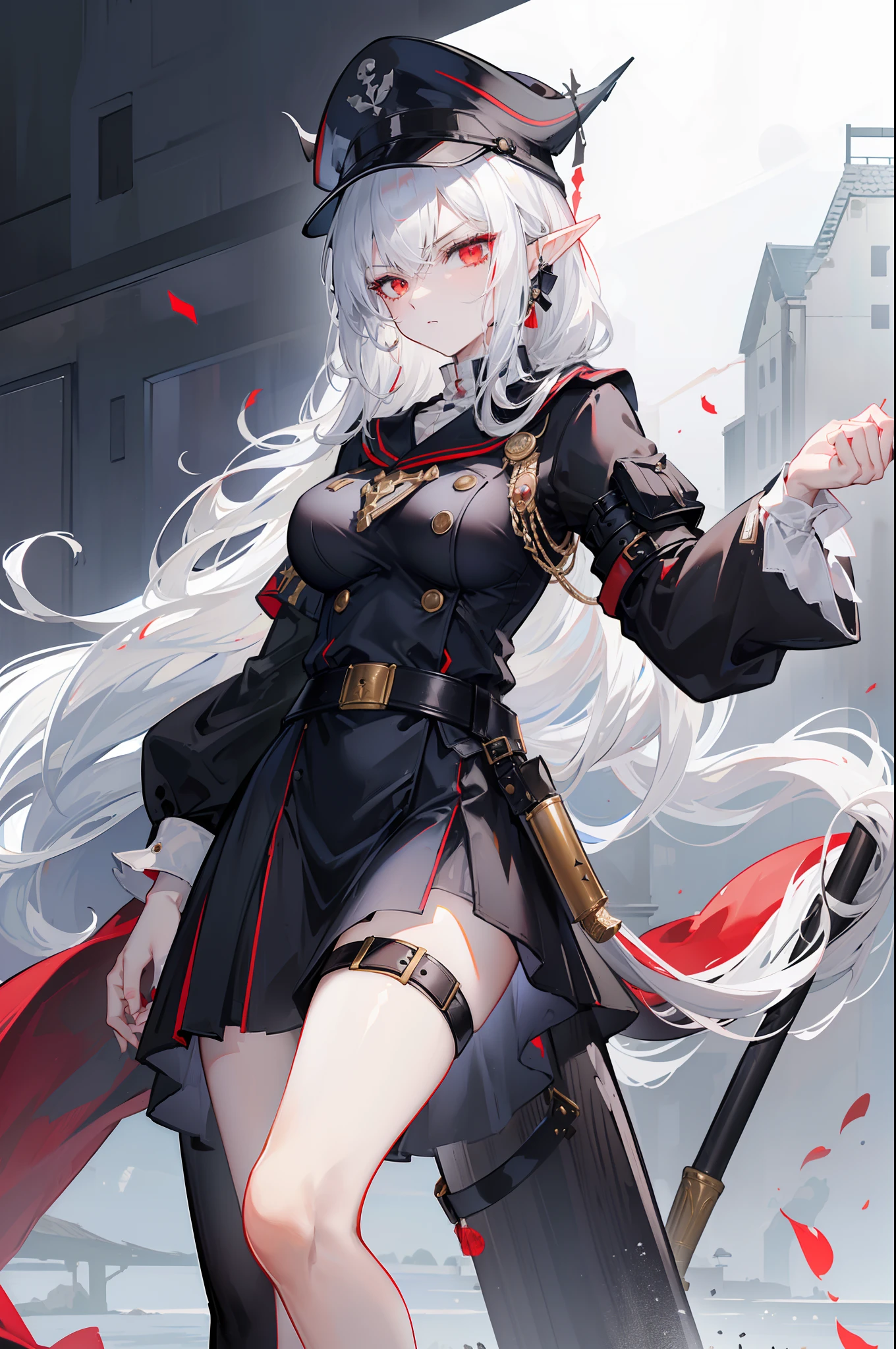 (masterpiece), best quality, expressive eyes, perfect face, sharp eyes, 1girl, solo, medium height, young adult, young woman, big boobs, (long hair, white hair, side locks, bangs, wavy hair), (red eyes, death glare, serious, menacing, leadership aura, glowing eye), average height, medium height, heels, black skirt, white trims on skirt, (black sailor cap, captain's hat, black cap), (black cape, red underside of cape, accessories, medieval, 19th century, black sailor uniform, vintage styled outfits, white middle, red ribbon, (tie, badge, captain, soldier, fleet admiral, pointed ears, elf ears, pointed ear, bangs), (sheathed scabbard, sheathed weapon, scabbard), (belt on waist, belt around waist, strap, belt)